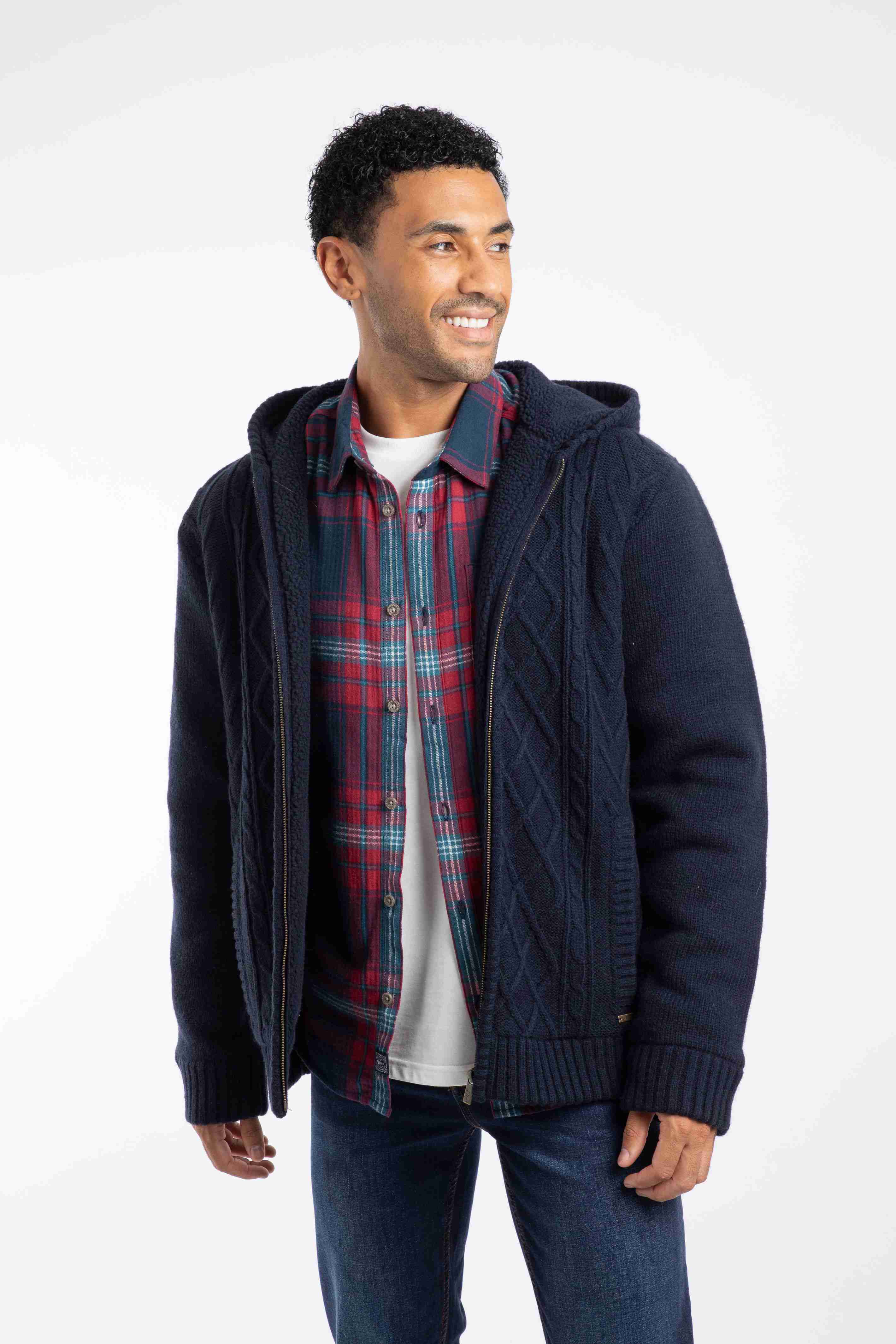 Brodhi Borg Lined Cable Knit Full Zip Hoodie Midnight