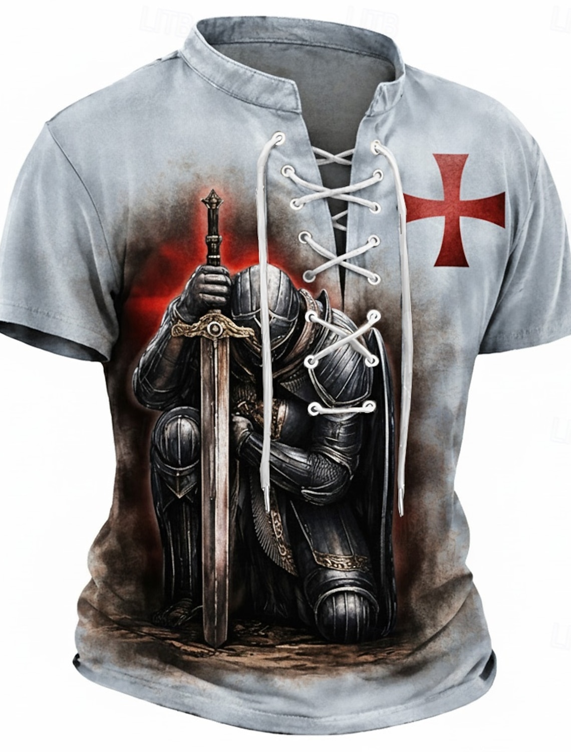 Knights Templar Crusader Armor Red Cross Raven Men's Medieval Renaissance Vintage Gothic Henley Shirt All Over Print Lace Up Short Sleeve Renaissance Faire Cosplay Costume Streetwear Designer Clothing