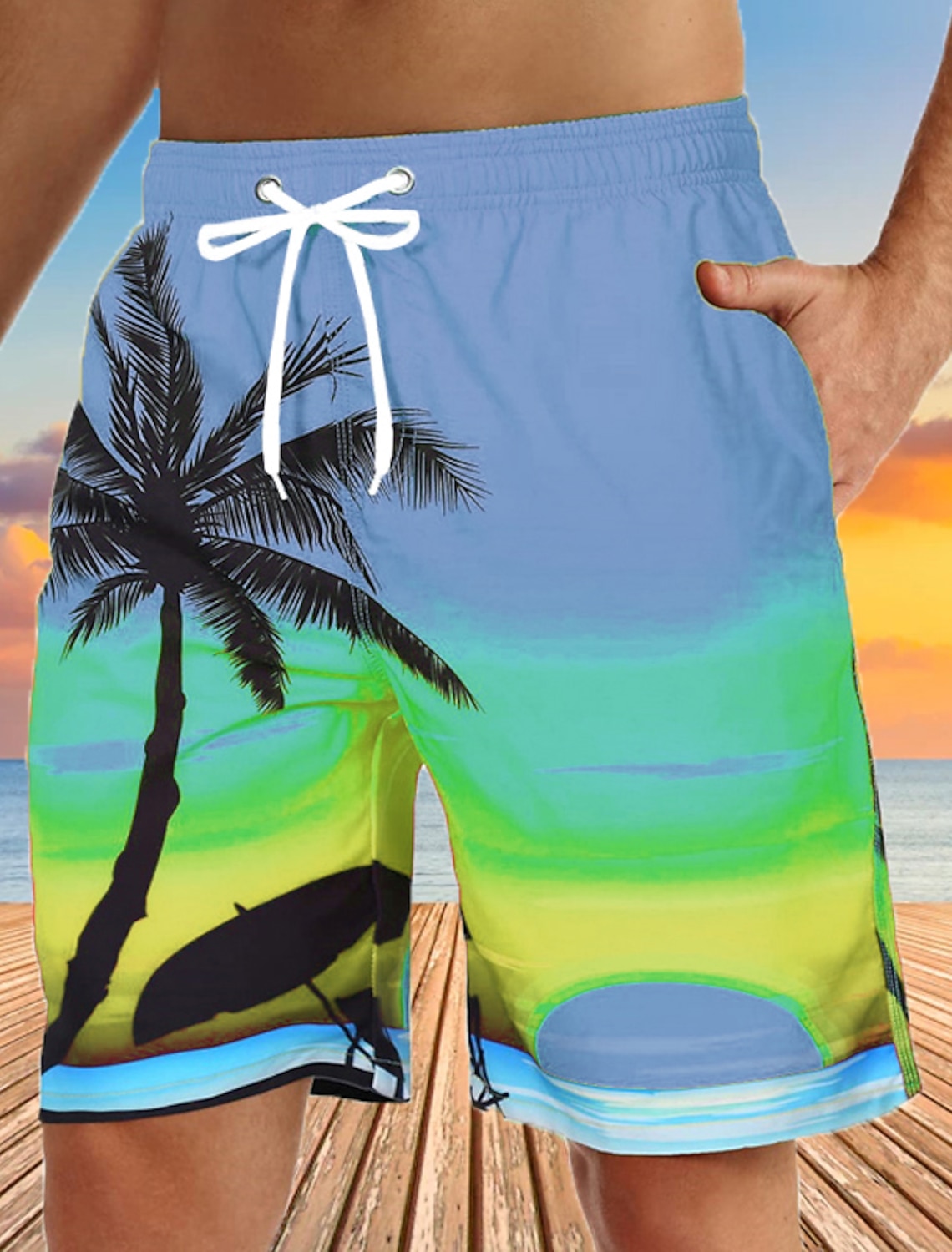 Men's Graphic Coconut Tree Swim Trunks Swim Shorts Board Shorts Mid Waist Streetwear Hawaiian Boho Casual Daily Holiday Drawstring Elastic Waist 3D Print Designer Clothing Apparel