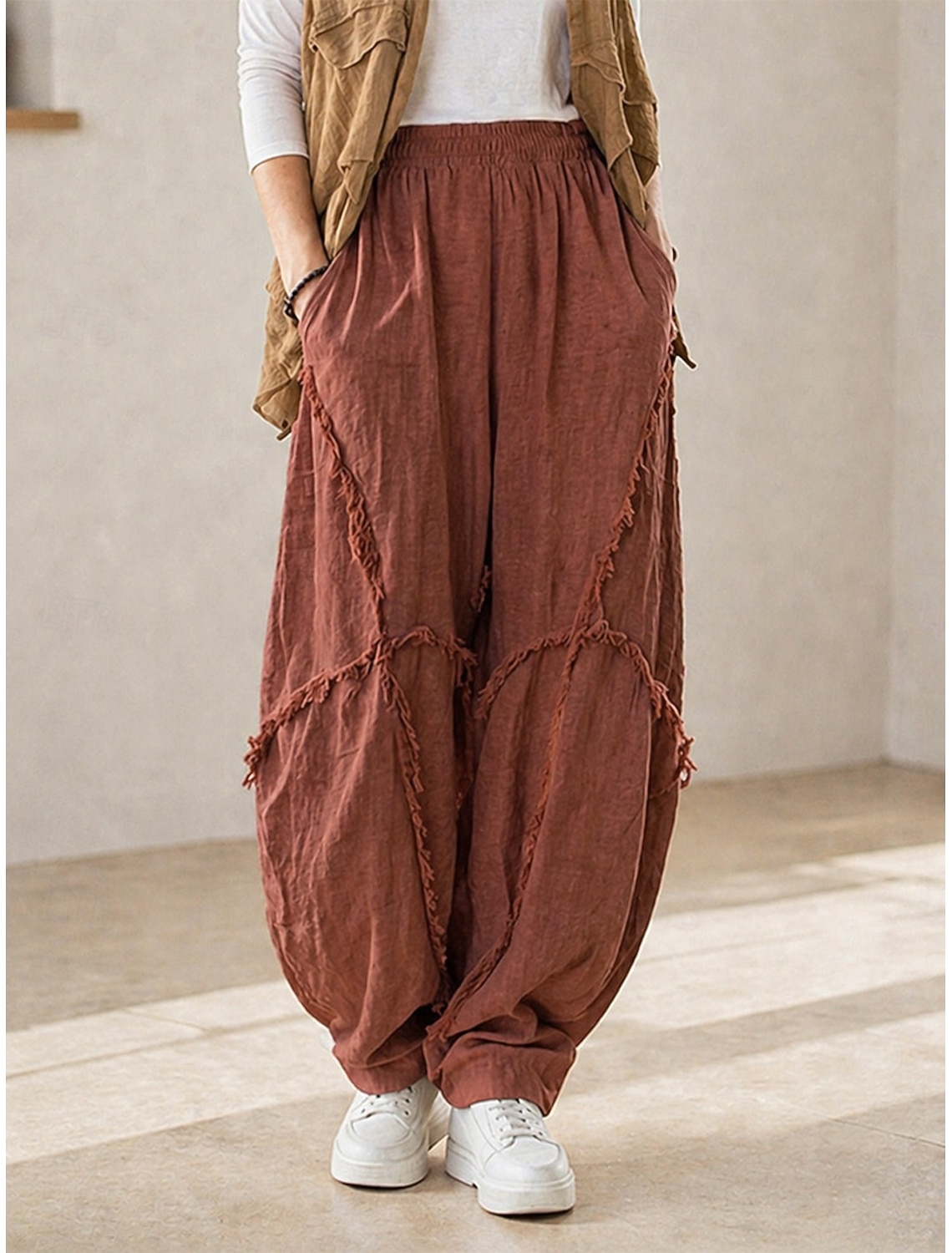70% Linen Women's Linen Pants Chinos Summer Pants Bloomers Vacation Streetwear Basic Full Length Medium Waist Plain Pocket Elastic Waistband Inelastic Daily Outdoor rice white Coffee Fall Winter