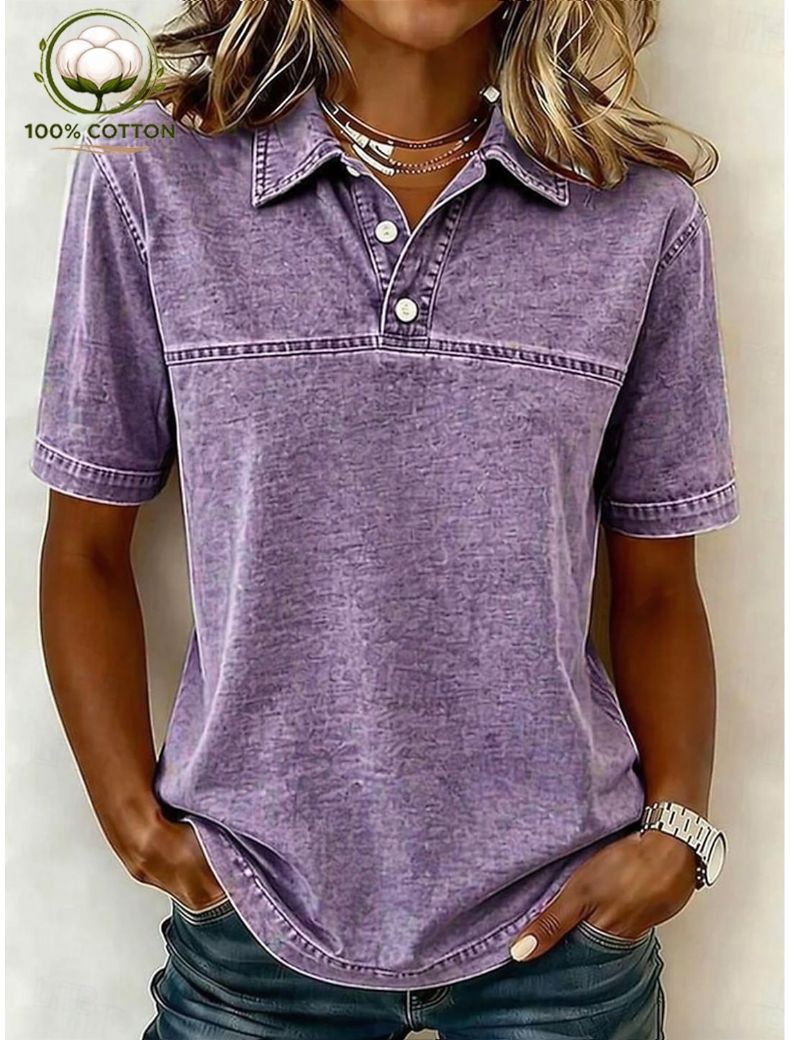 SoftFade™ Women's Vintage 100% Cotton Henley Shirt - Soft Washed Short Sleeve Basic Tops