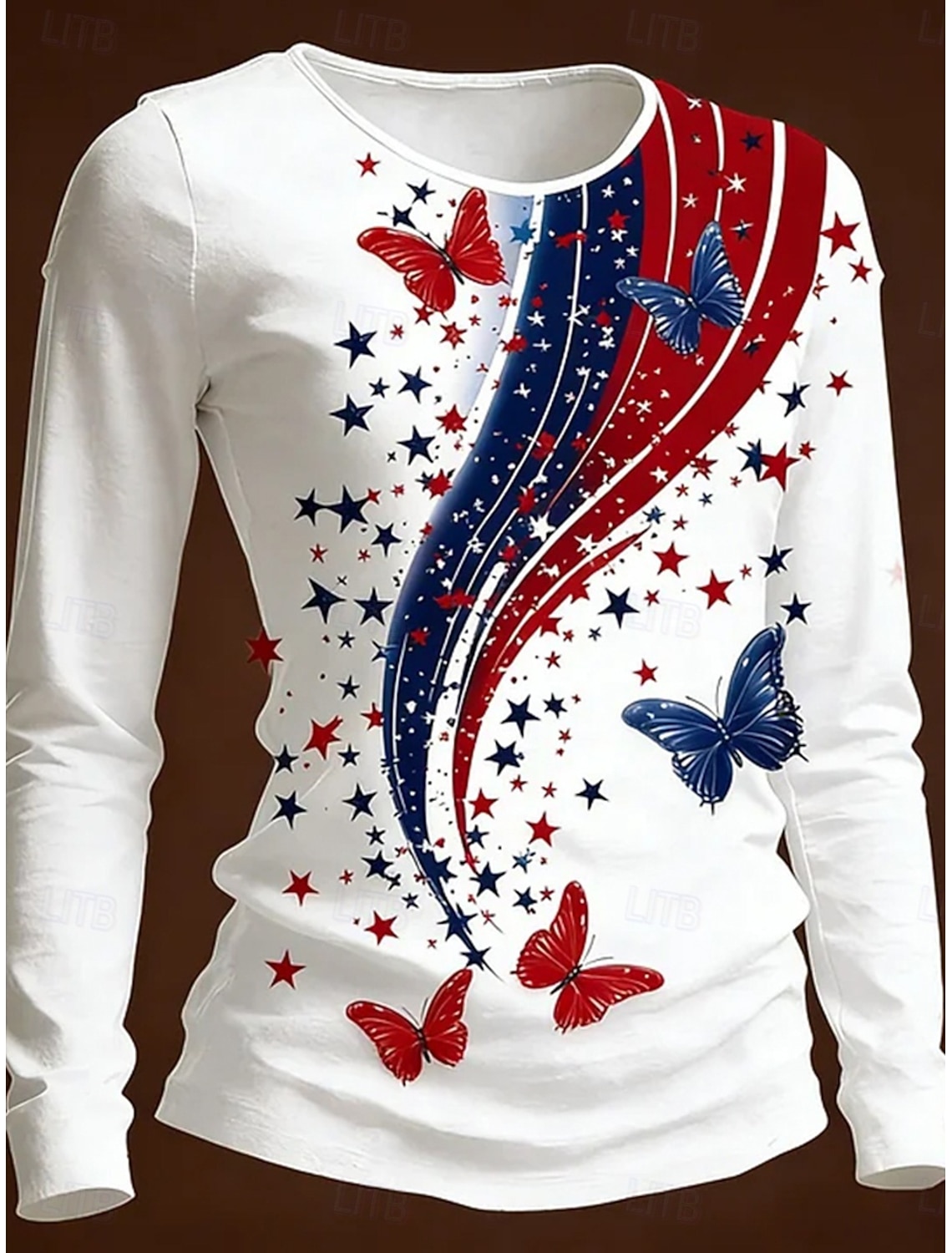 Independence Day PatrioticWomen's T Shirt Print Graphic Flag American Flag Stylish Classic Casual Long Sleeve Crew Neck Regular Tops Daily Blue Black White Red Summer Spring