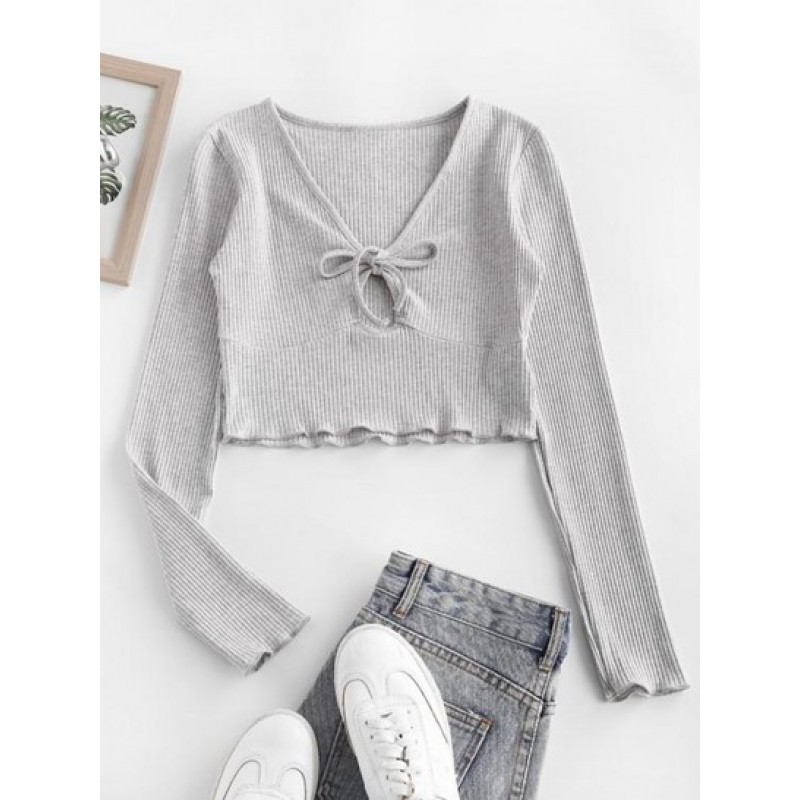 Rib-knit Lettuce Trim Marled Keyhole Baby Tee PE1950