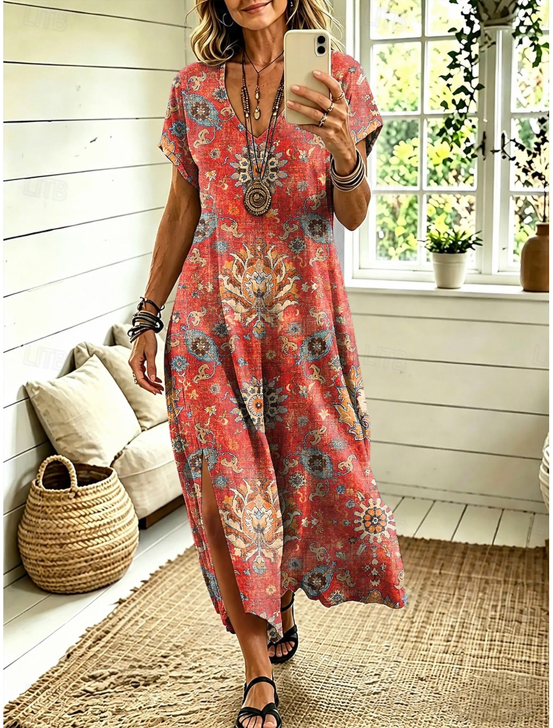 Women's Midi Dress A Line Dress Casual Loose Fit Floral Abstract Short Sleeve V Neck Blue Red Sky Blue Green Summer Spring