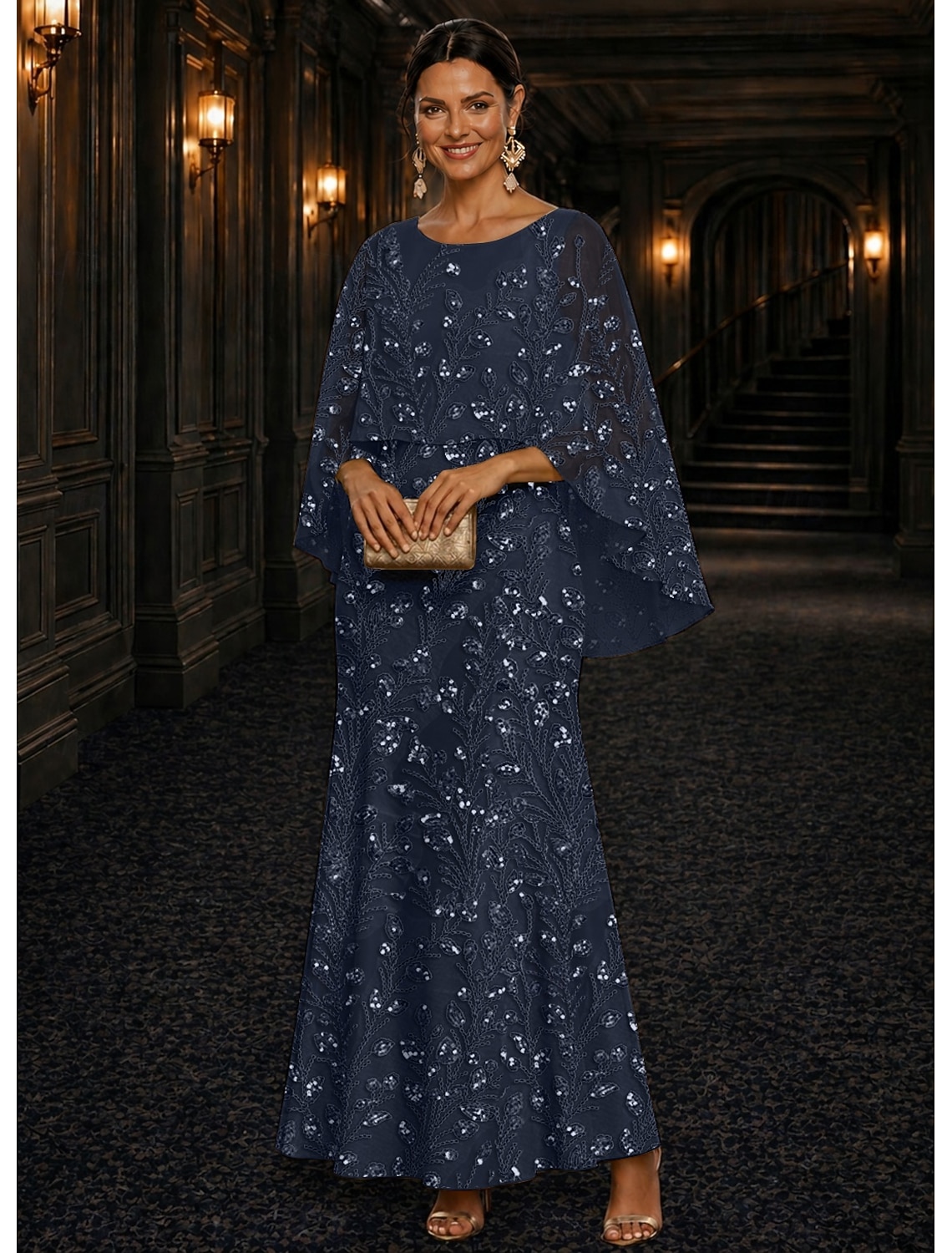 A-Line Dress Floor Length Ankle Length Cocktail Dress Mother of the Bride Dress Long Sleeve Scoop Neck Elegant Luxurious Sparkle & Shine Formal Wedding Guest Semi Formal Lace with Beading Sequin