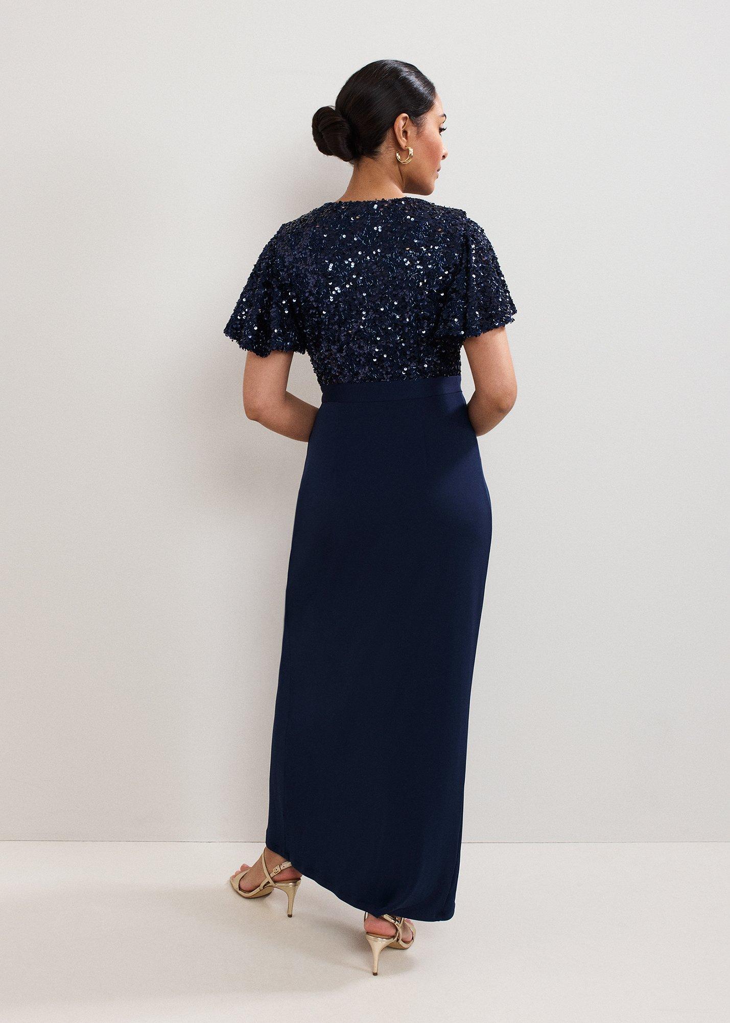 Petite Janessa Navy Sequin Wrap Maxi Dress