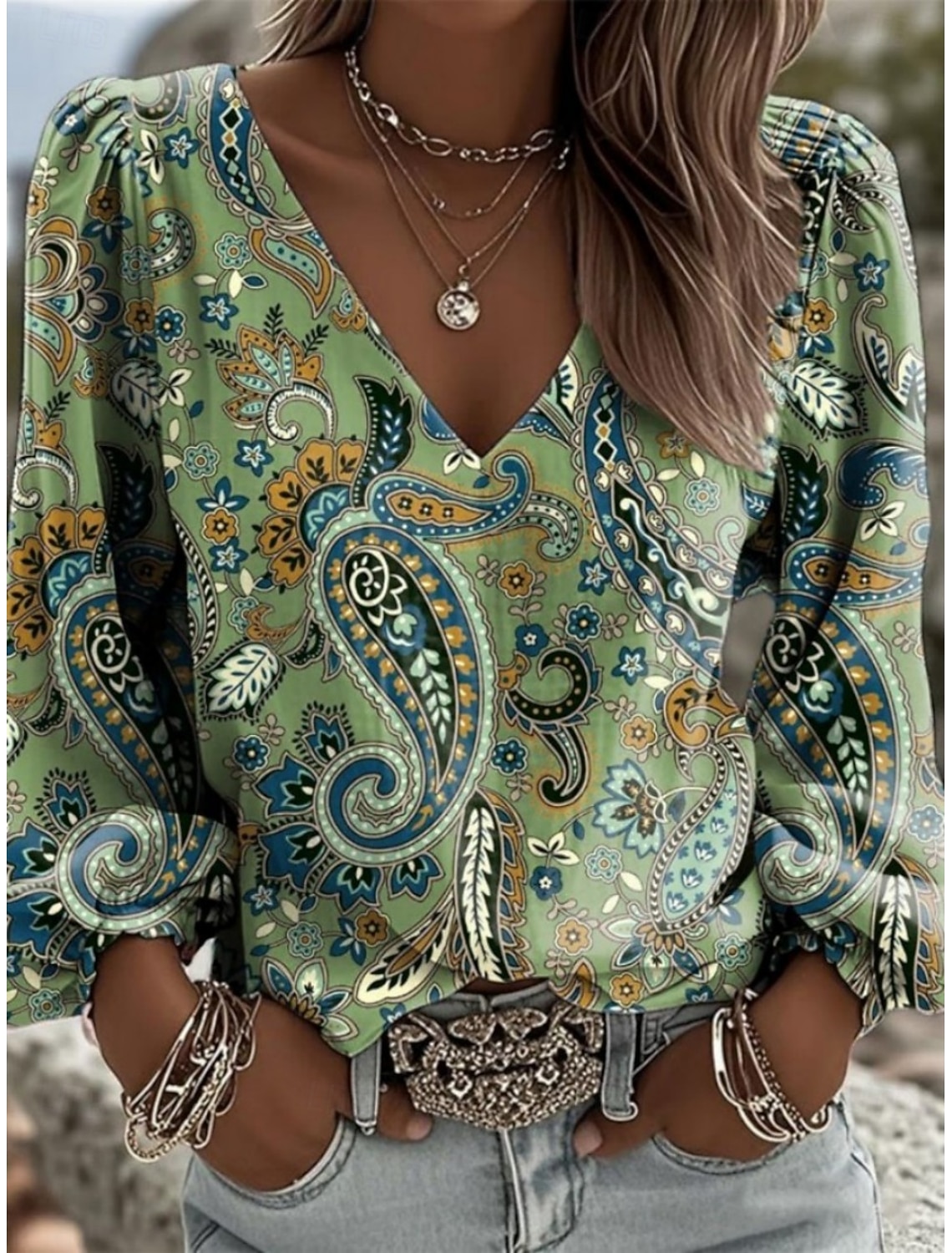 Women's Shirt Graphic Geometric Paisley Bohemia Vacation Vintage Long Sleeve V Neck Plunging Neck Long Tops Casual Daily Holiday Blue Khaki Brown Green Summer Spring Fall Winter