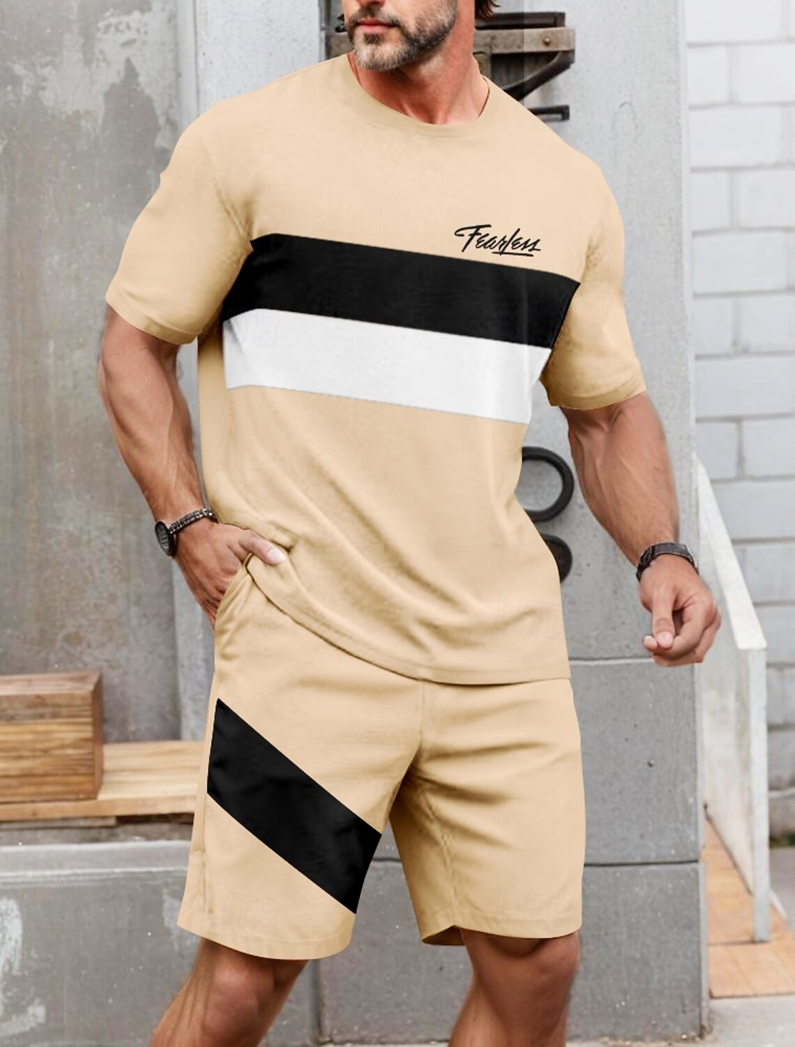 Men's Striped 2pcs Tees sets Summer Tops Short Sleeve Pants Crew Neck
