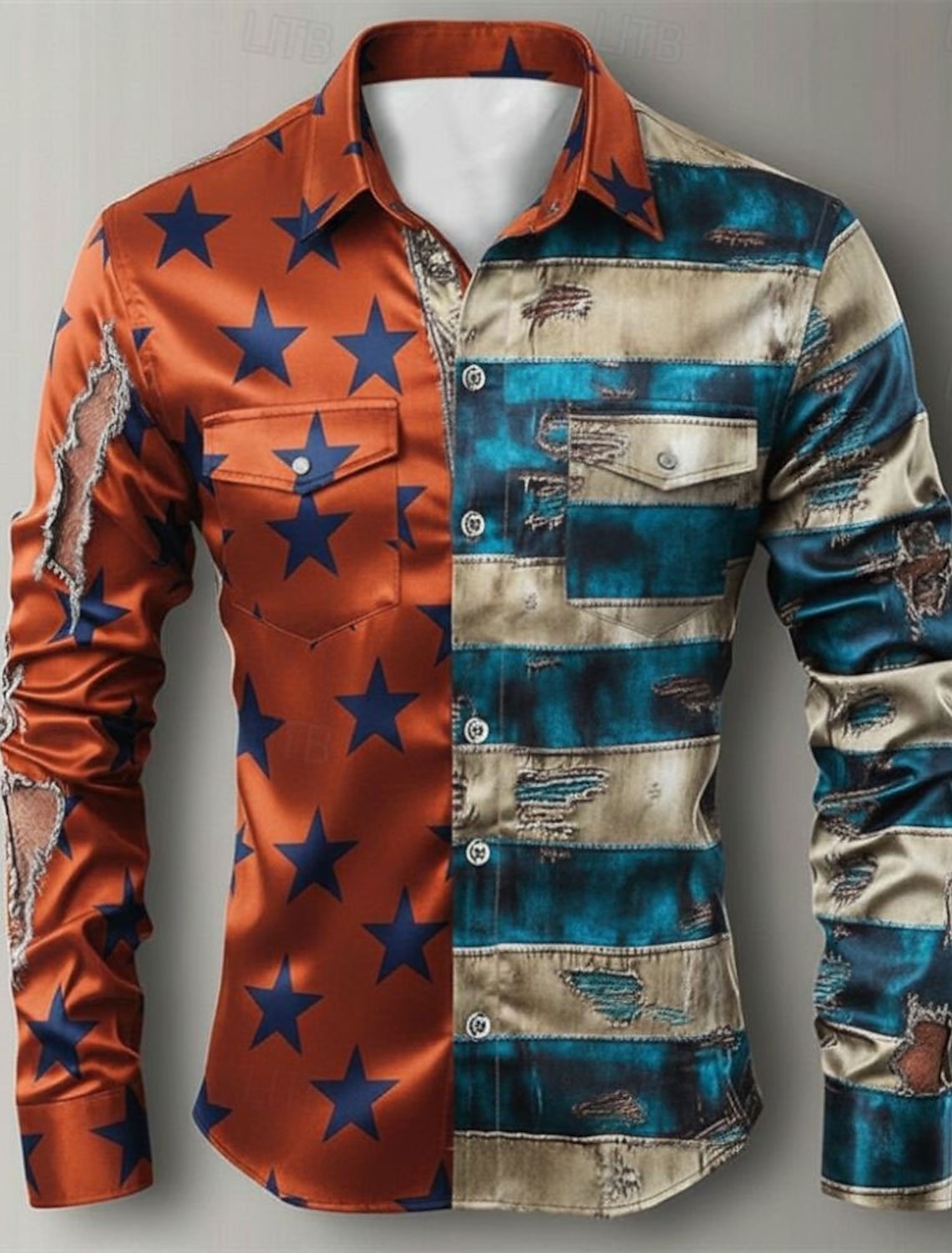 Men's Hellfire Flames American US Flag Eagle Shirt Button Up Shirt Long Sleeve Vintage Retro Outdoor Casual Holiday Spring Fall Turndown 3D Print Collared Shirts Khaki