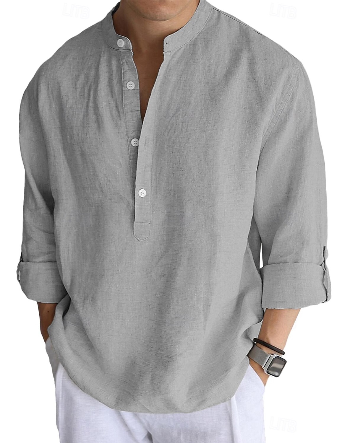 Men's Linen Shirt Popover Casual Beach Band Collar Plain Vacation