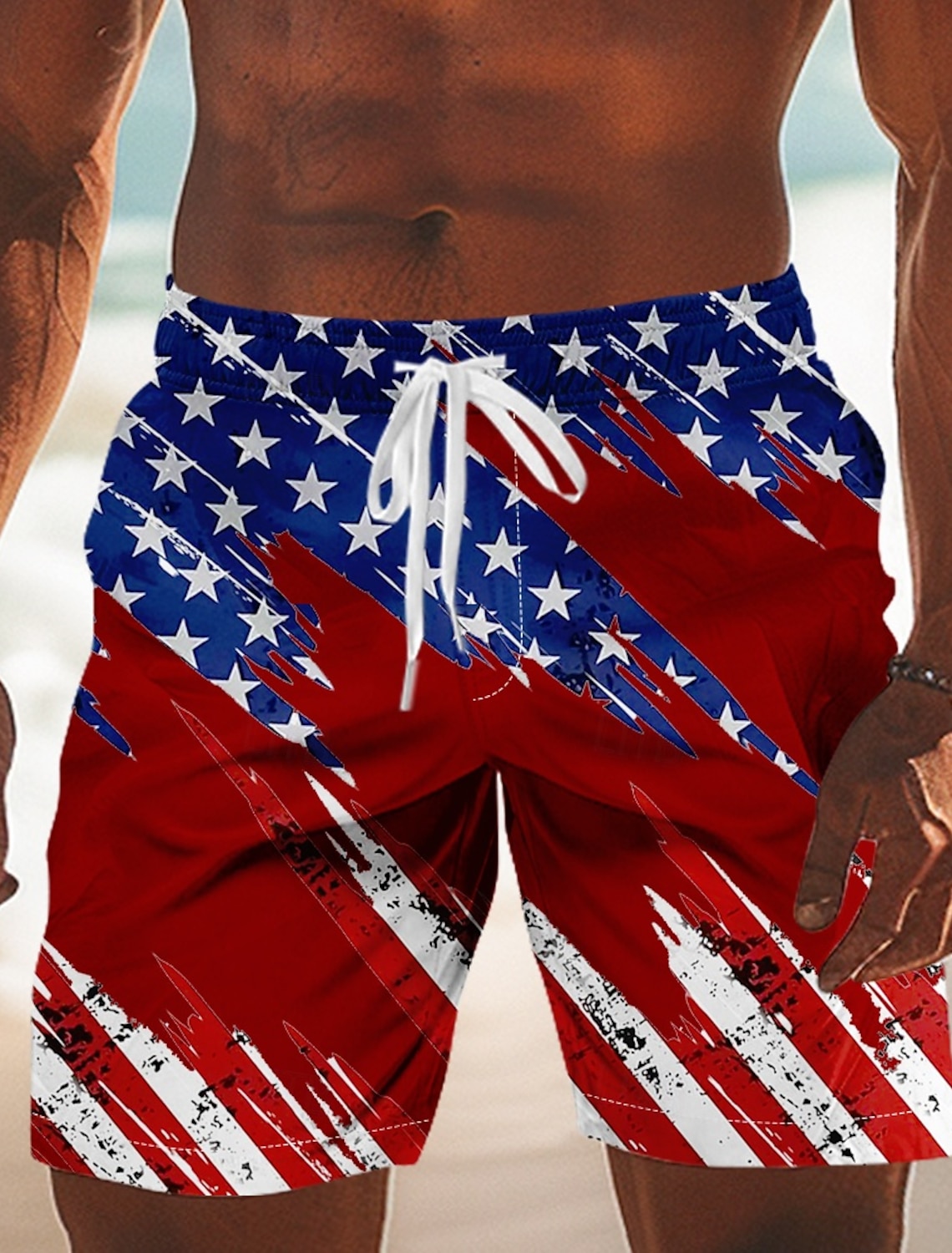 Men's 4th of July U.S. 250th Anniversary American Flag Swim Trunks Bathing Suits Swim Shorts Board Shorts Mid Waist Patriotic Holiday Side Pockets Mesh Lining Elastic Drawstring Waist Designer