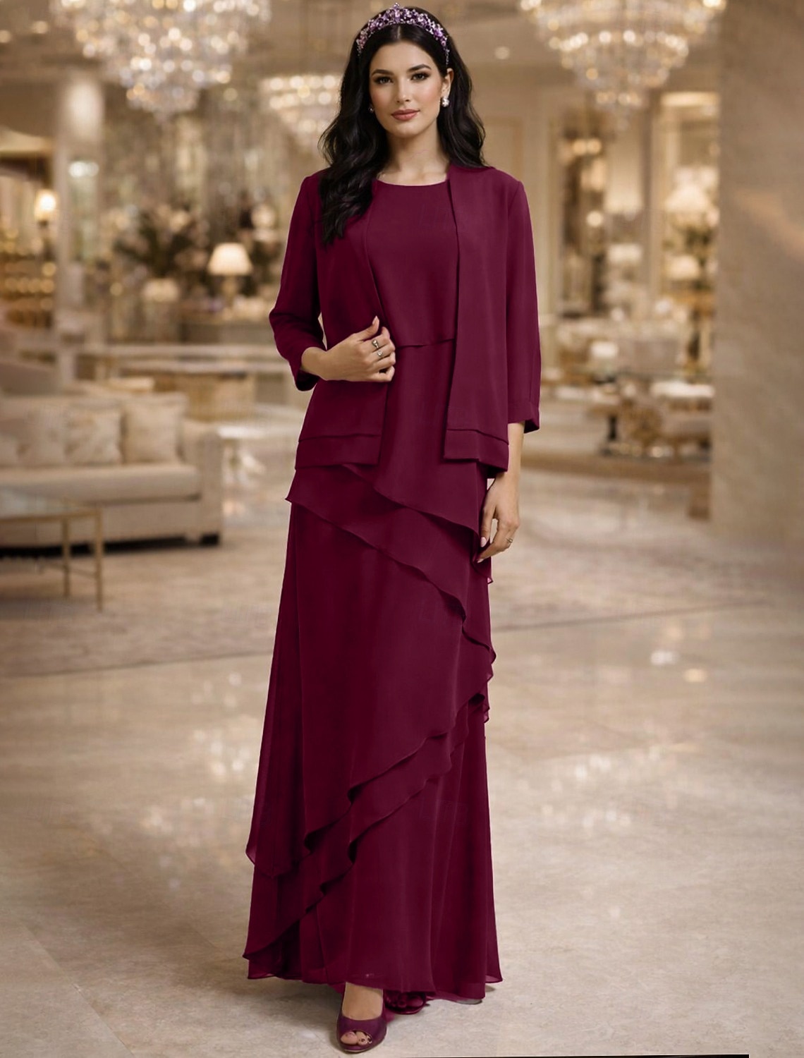 Two Piece A-Line Floor Length Wedding Guest Dress Mother of the Bride Dress Sleeveless Jewel Neck Elegant Wedding Guest Wedding Party Chiffon Wrap Included with Cascading Ruffles Solid Color