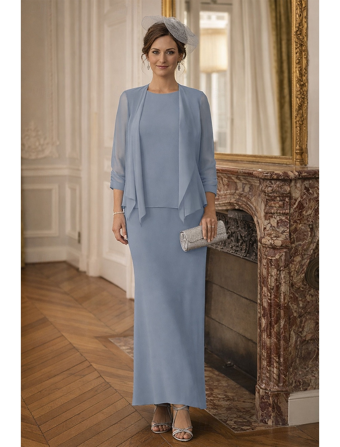 Two Piece Sheath Column Floor Length Wedding Guest Dress Mother of the Bride Dress Long Sleeve Scoop Neck Elegant Formal Wedding Guest Chiffon Wrap Included with Solid Color