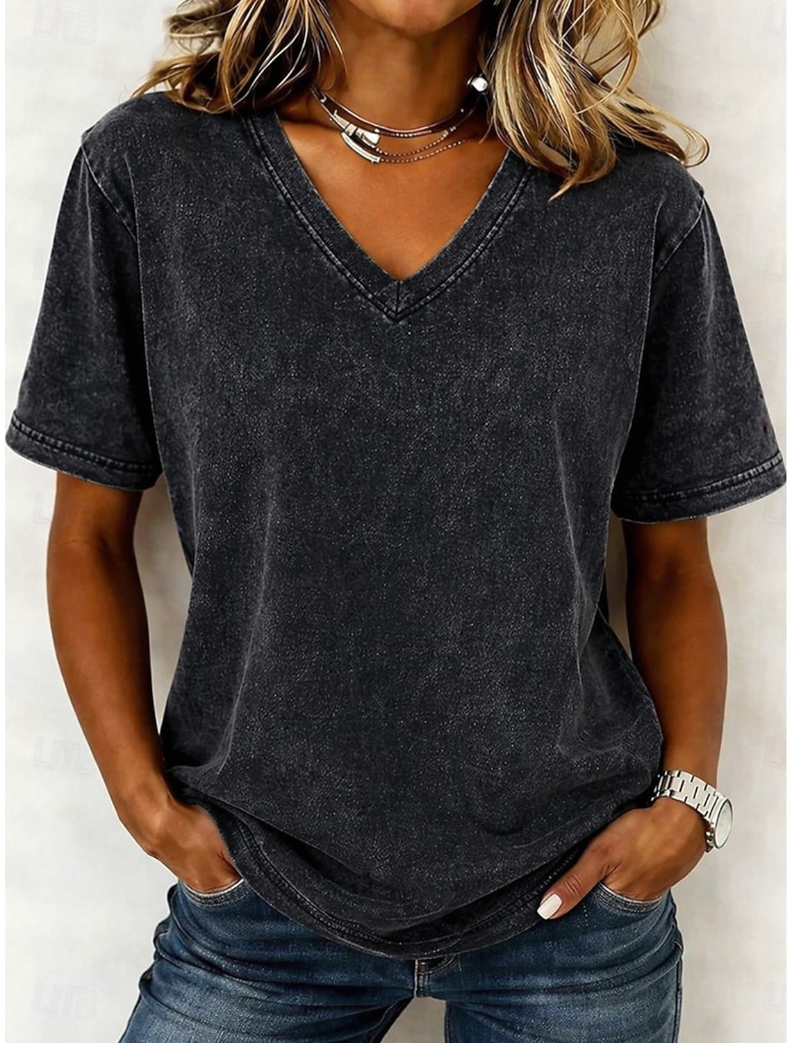 Women's 100% Cotton T-Shirts - Quality Vintage Short Sleeve V Neck Tee