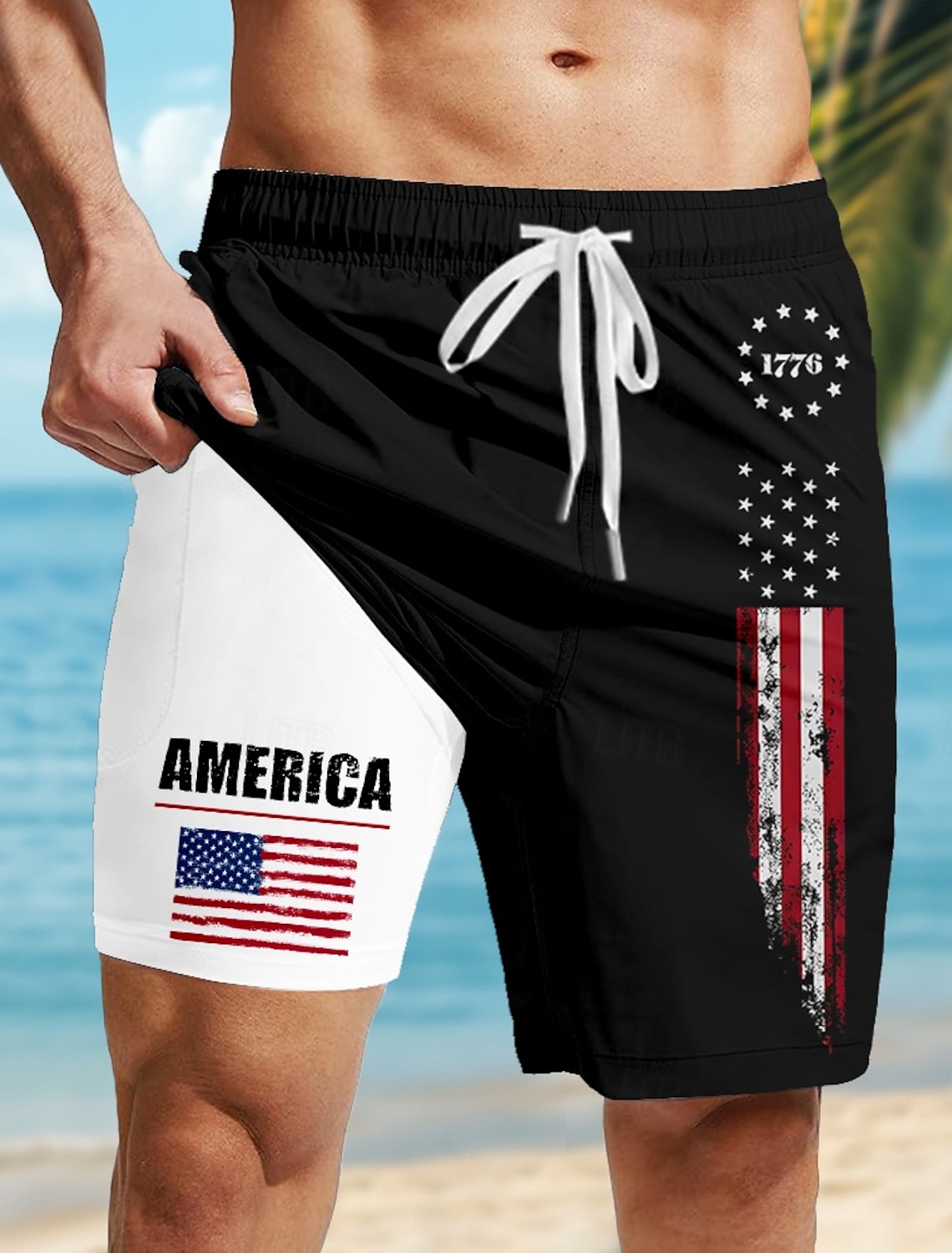 Independence Day Men's American US Flag 4th of July U.S. 250th Anniversary Patriotic Lined Shorts 2 in 1 Board Shorts Swim Trunks Mid Waist Holiday Side Pockets With Compression Liner Elastic