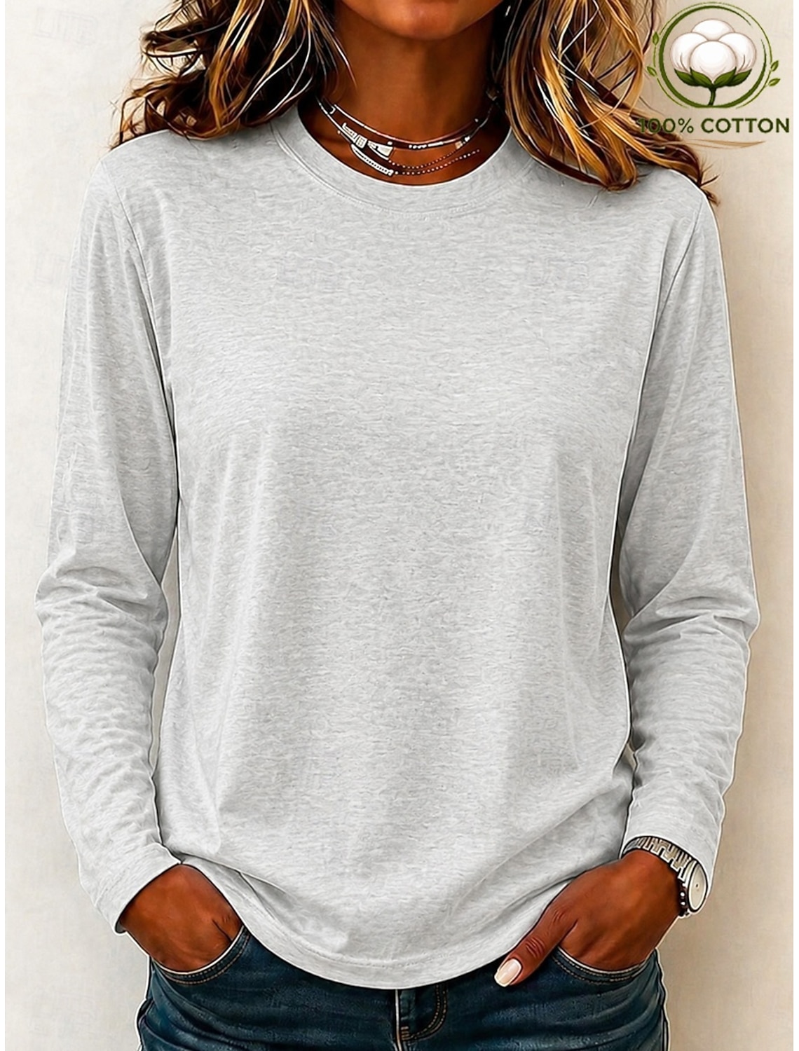 Women's 100% Cotton T-Shirts - Quality Heavy Long Sleeve Crew Neck Tee