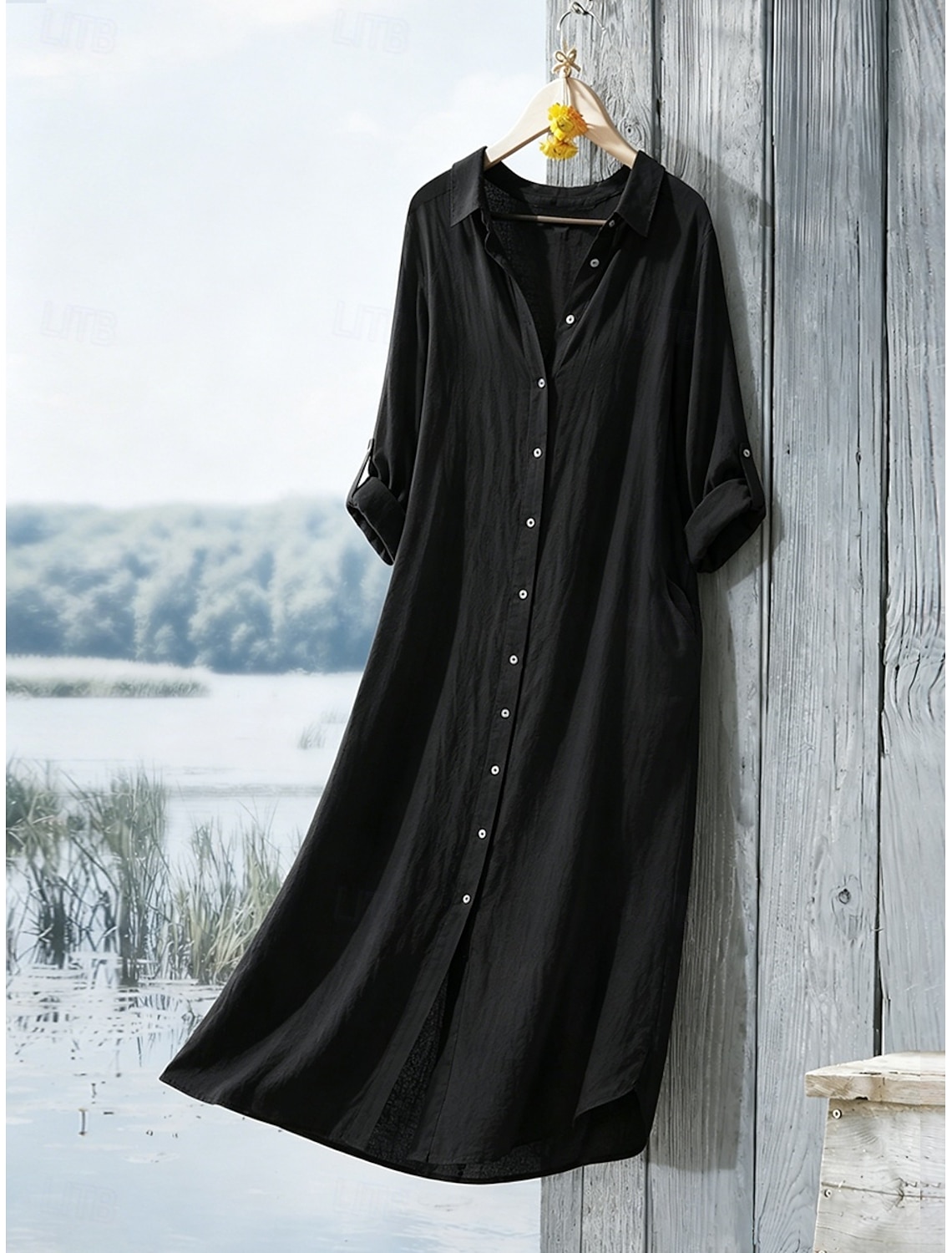 Women's Cotton Linen Maxi Dress Shirt Dress Shift Dress Casual Daily Loose Fit Plain Long Sleeve Lapel Blue Black White Light Green Summer Spring Fall