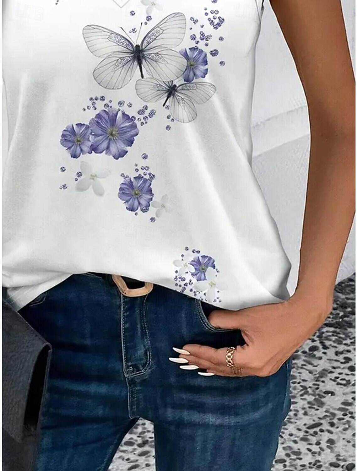 Women's Tank Top Casual Floral Butterfly Print Sleeveless Sleeveless Regular Tops Notched Neck Daily Summer