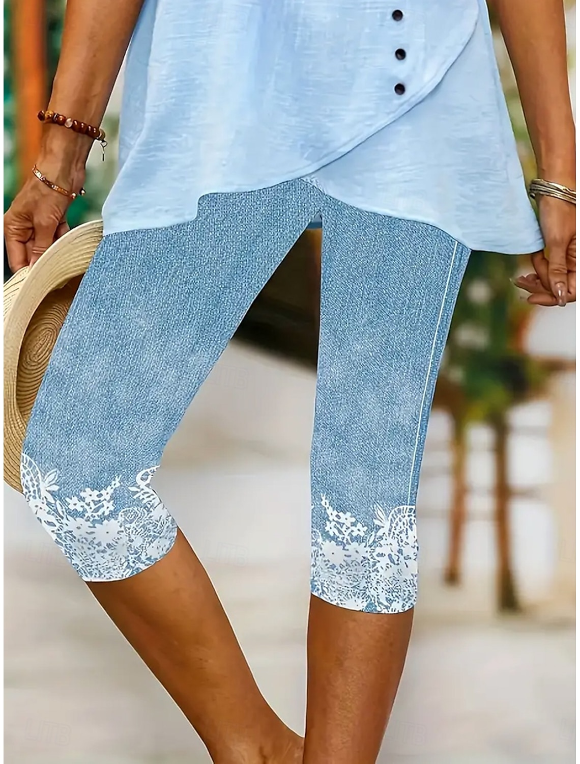 Women's Leggings Capri Pants High Elasticity Vacation Fashion Hawaiian Calf-Length Mid Waist Floral Graphic Printing Breathable Soft Vacation Casual Daily Light Blue Summer Spring Regular Fit