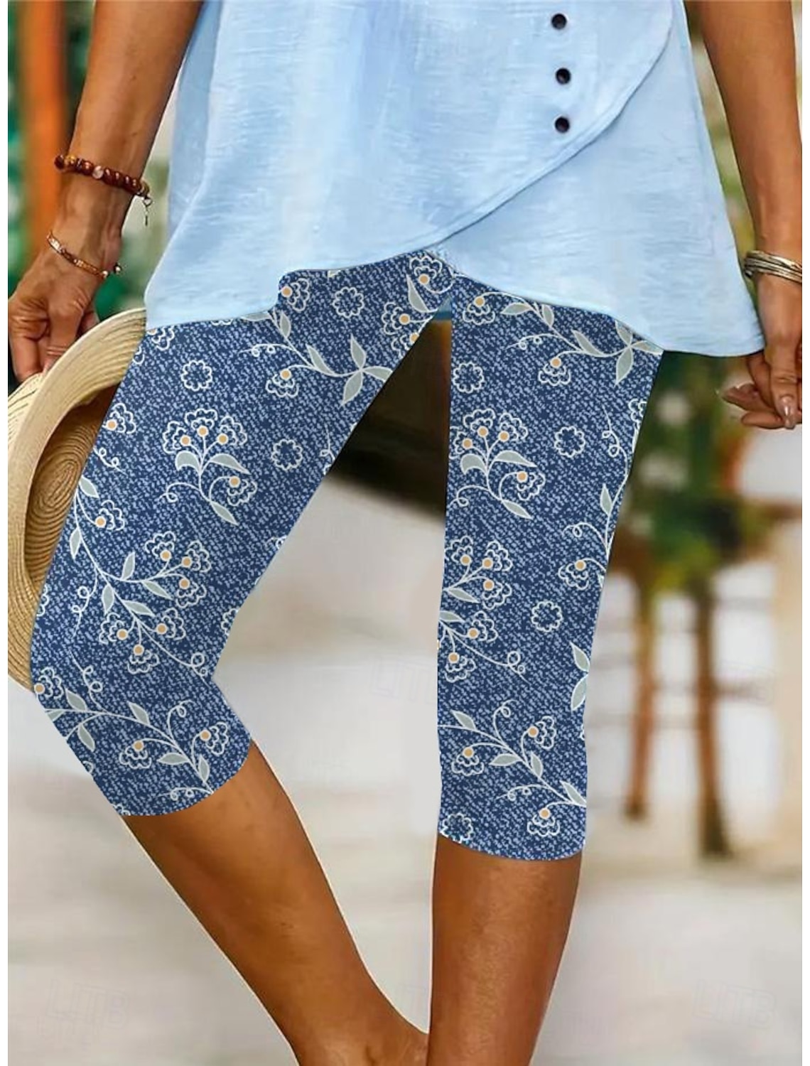 Women's Leggings Capri Pants High Elasticity Vacation Fashion Hawaiian Calf-Length Mid Waist Floral Graphic Printing Breathable Soft Vacation Casual Daily Light Blue Summer Spring Regular Fit