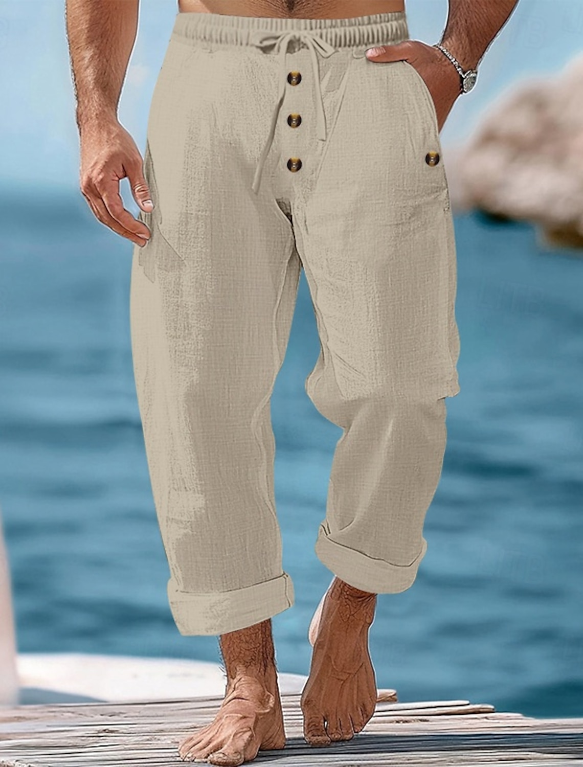 Men's Linen Pants Trousers Summer Pants Beach Pants Drawstring Elastic Waist Buttons Plain Comfort Breathable Full Length Casual Daily Holiday Vacation Fashion Khaki Black