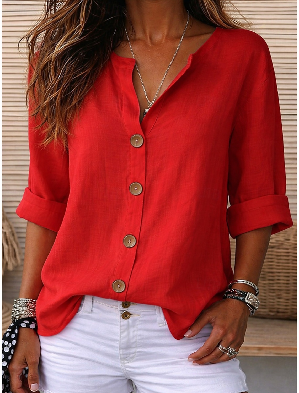 Women's Linen Shirts Blouse Buttons Solid Color Daily Casual 3/4 Length Sleeve V Neck Regular Tops Daily Black White Red Orange Green Summer Spring Fall