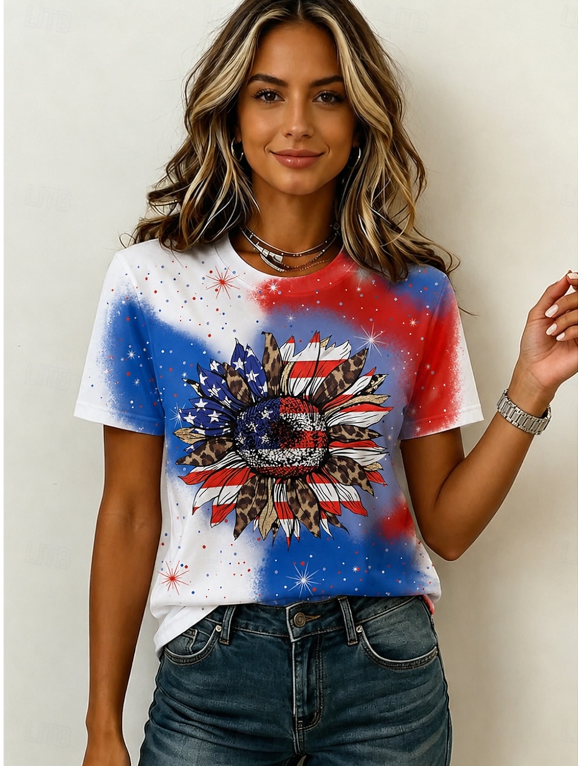 Independence Day Patriotic Women's T Shirt V Neck Long Sleeve Tunic Geometric National Flag Elegant Vintage Stylish Regular Tops Daily Weekend Print Red Navy Blue Blue Spring Prefall