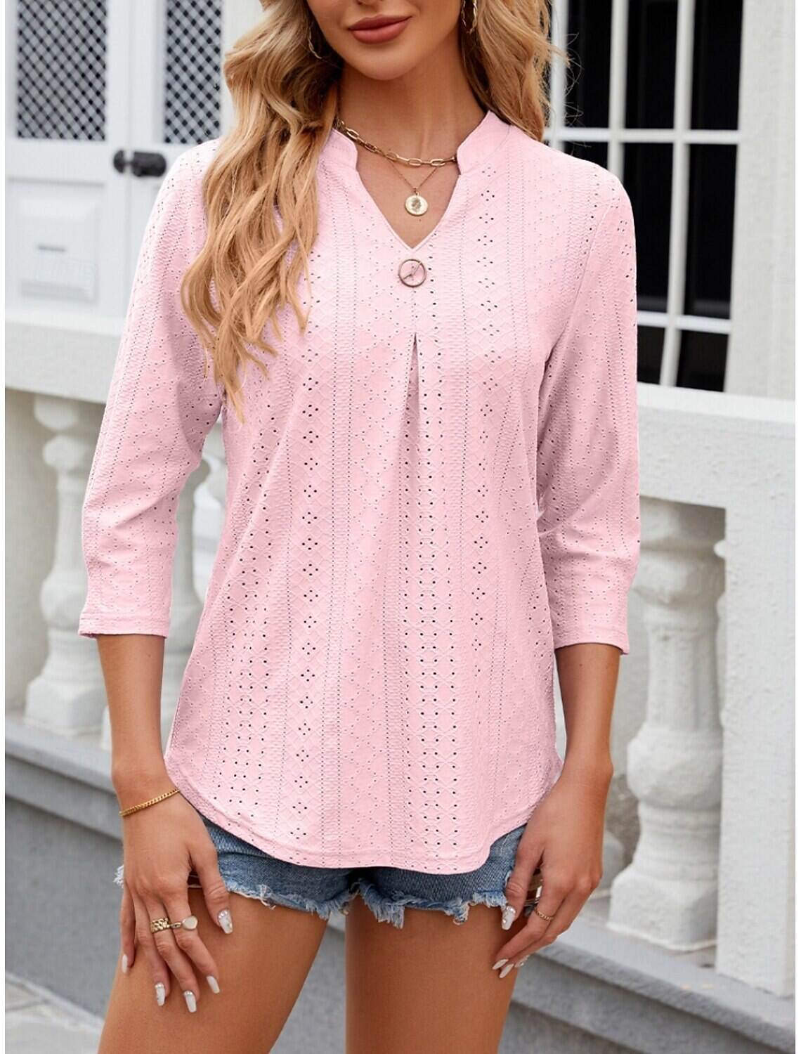Women's Shirt Blouse Stylish Casual Floral Regular Tops Long Sleeve Notched Neck Eyelet Regular Fit Daily Summer Spring