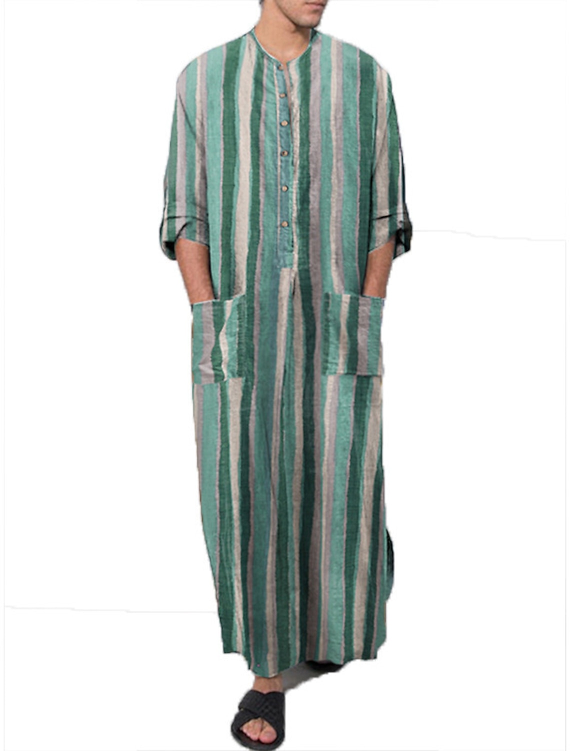Men's Plus Size Pajamas Robes Gown Nightgown Sleepwear 1PC Stripes Muslim Daily Cotton Blend Comfort Breathable Pocket Spring & Fall Blue Photo Color