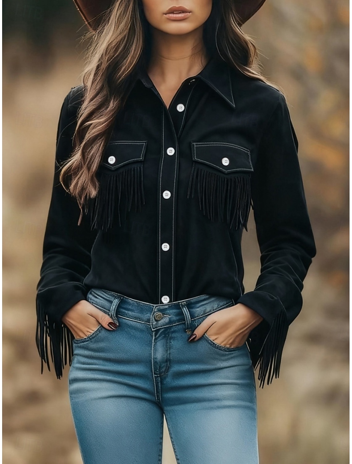 Women's Shirt Button Down Shirt Casual Shirt Blouse Buttons Fringe Plain Stylish Western Casual Long Sleeve Shirt Collar Regular Tops Daily Holiday Going out Blue Black Red Spring Fall