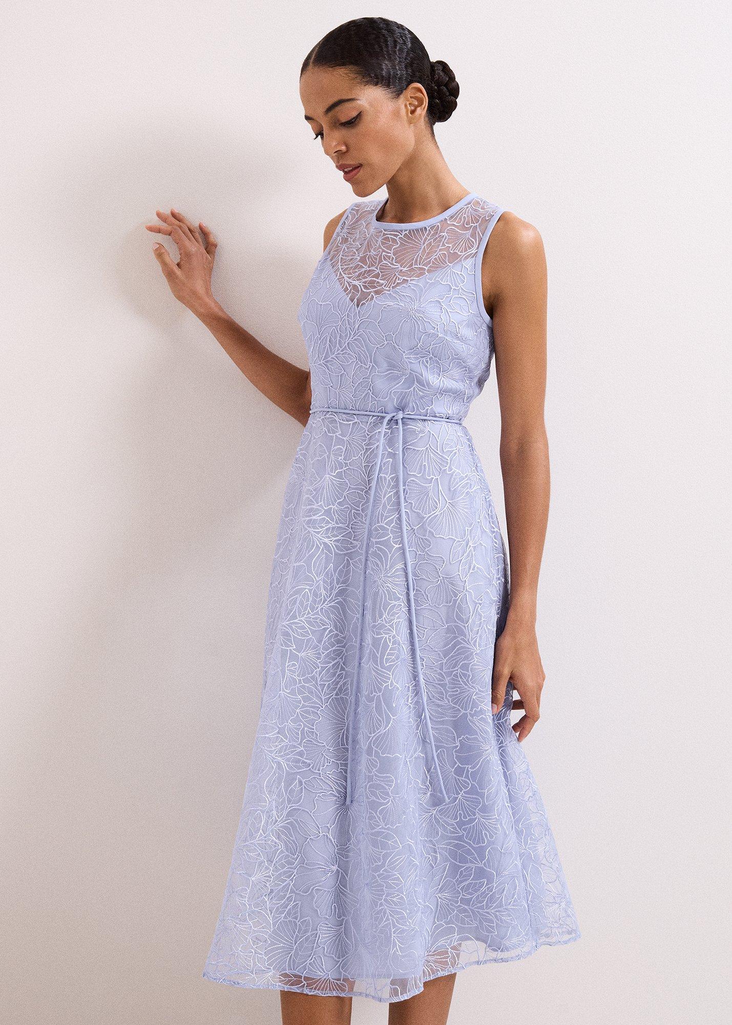 Sakura Blue Embroidered Midi Dress