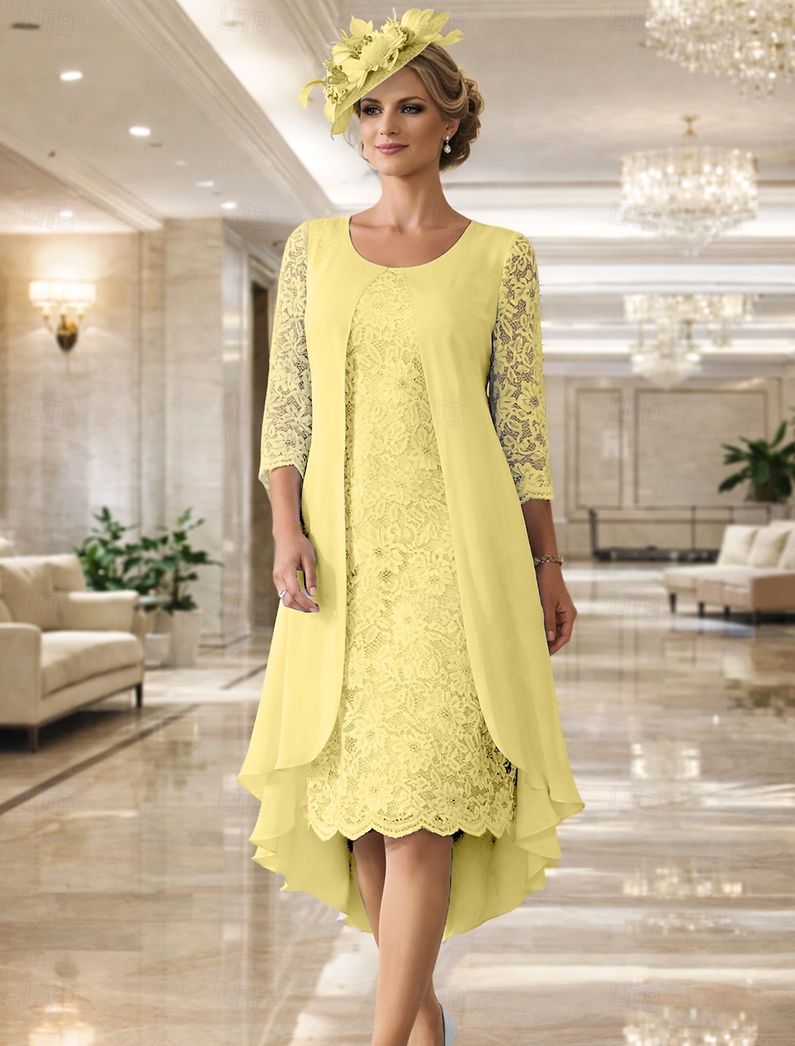 Two Piece A-Line Knee Length Wedding Guest Dress Mother of the Bride Dress Sleeveless Scoop Neck Elegant Wedding Guest Wedding Party Chiffon Lace Jacket Dresses with Pleats Appliques