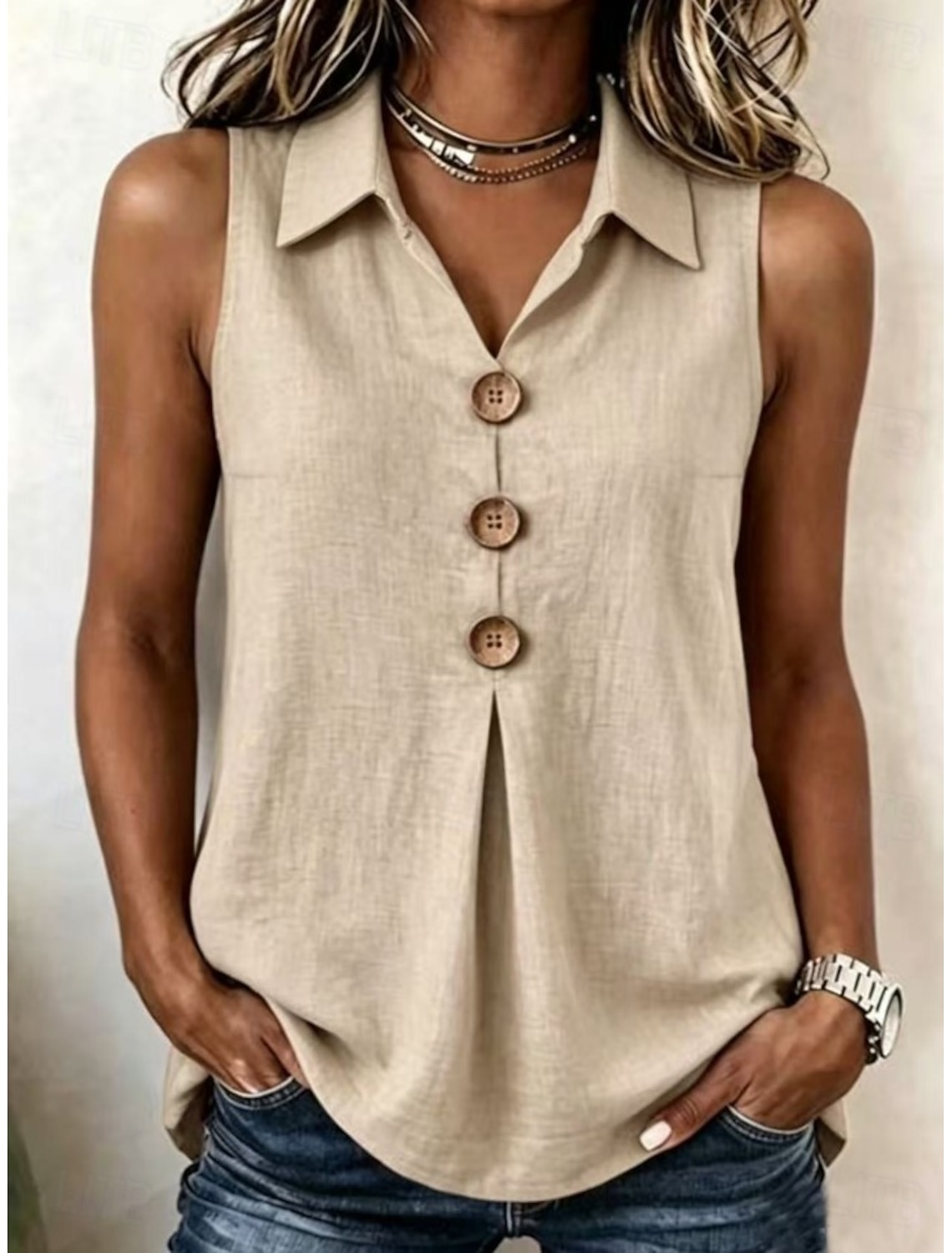 Women's Cotton Linen Blouse Buttons Solid Color Vacation Daily Casual Sleeveless 3/4 Length Sleeve V Neck Regular Tops Casual Daily Going out Khaki Red Orange Green Summer Spring Fall