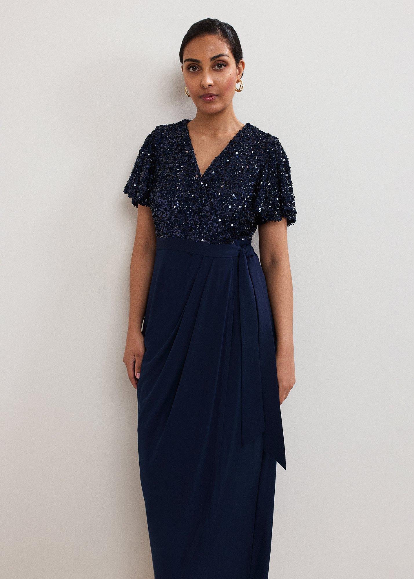 Petite Janessa Navy Sequin Wrap Maxi Dress