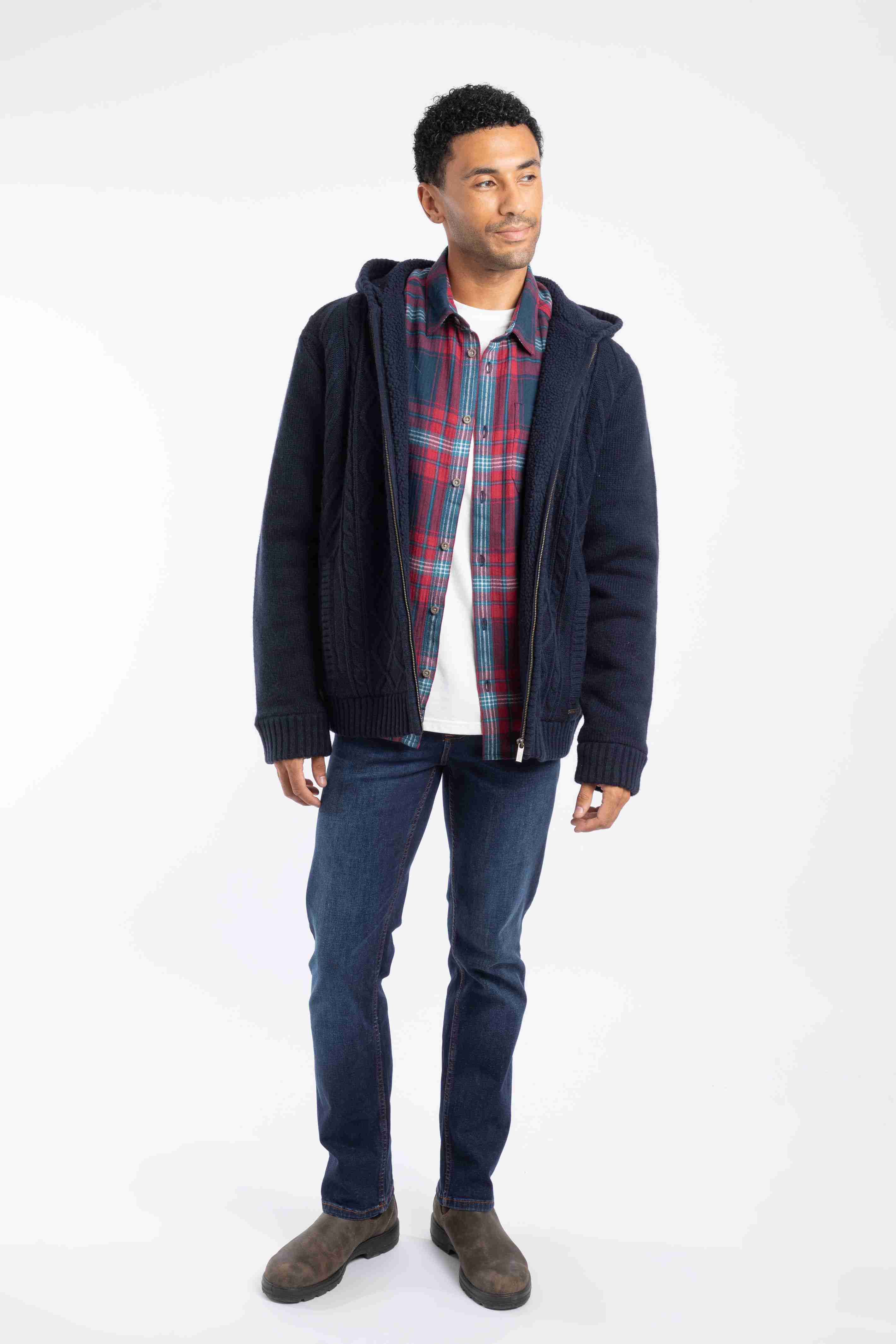 Brodhi Borg Lined Cable Knit Full Zip Hoodie Midnight
