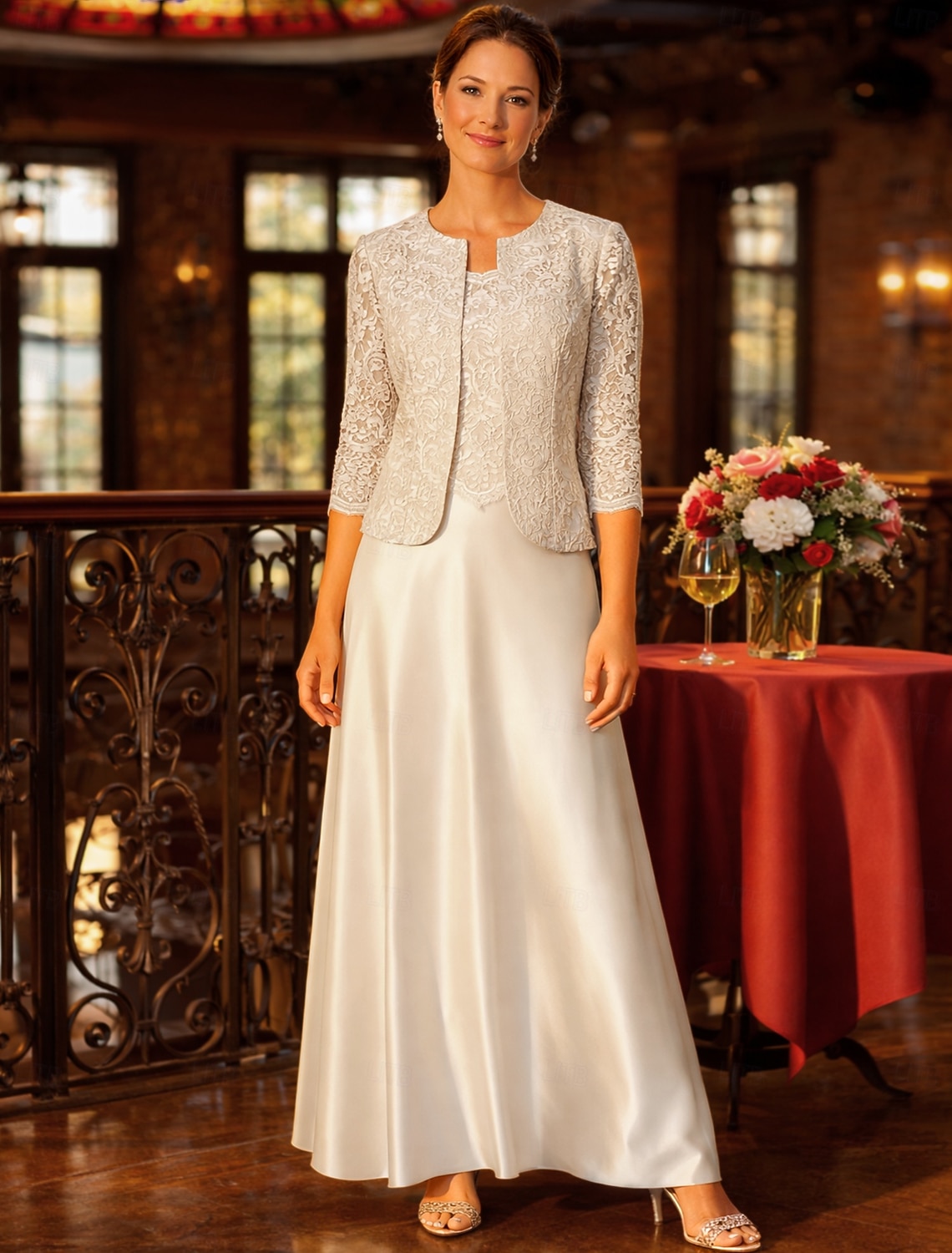 Sheath Column 3 Piece Floor Length Wedding Guest Dress Mother of the Bride Dress Sleeveless Long Sleeve Square Neck Jewel Neck Elegant Vintage Simple Formal Wedding Guest Satin Lace Jacket Dresses