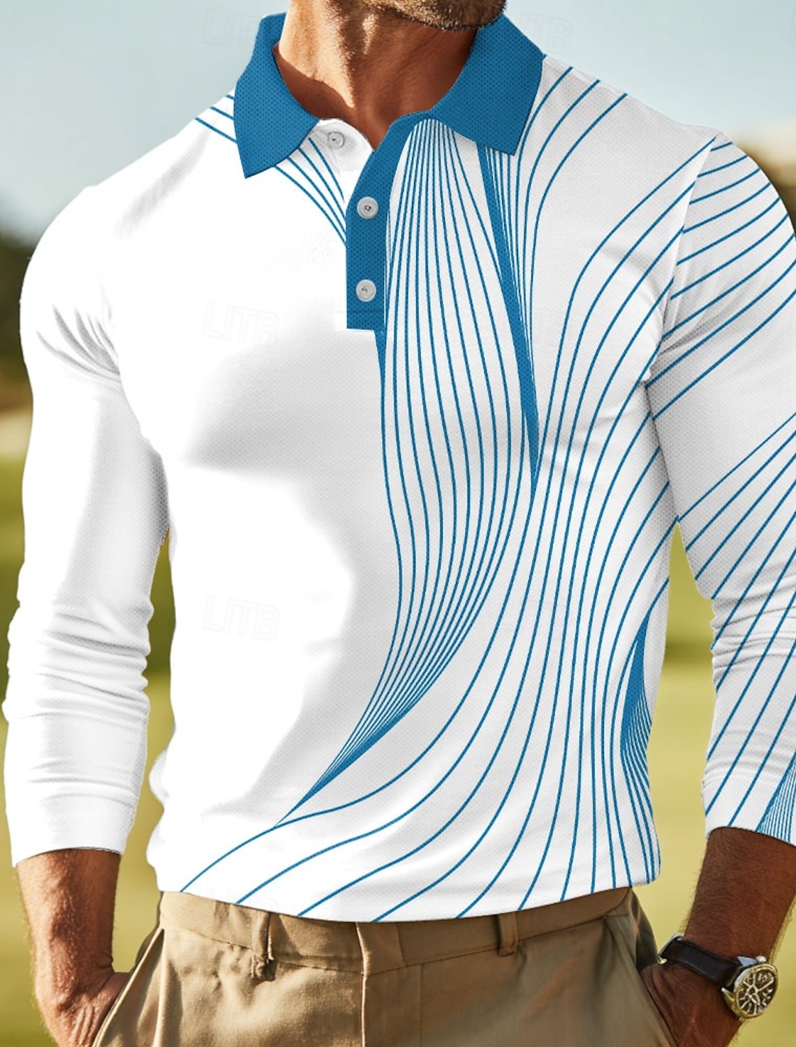 Men's Geometric Polo Long Sleeve Shirts Collared Business Casual