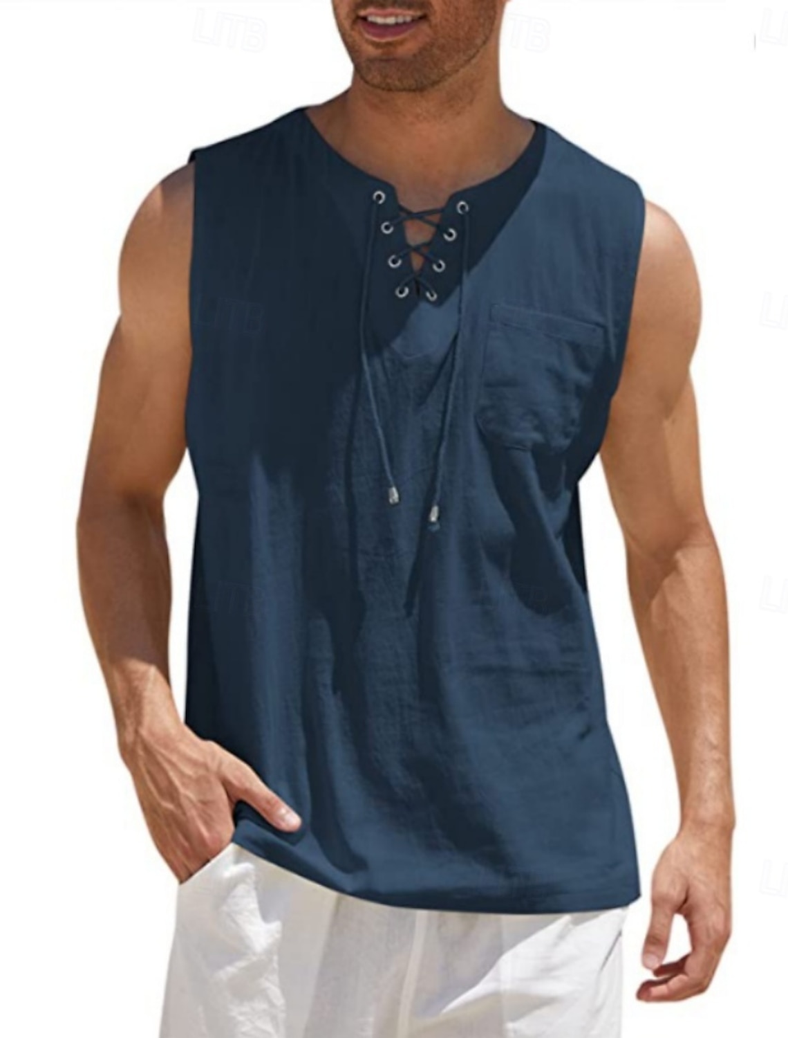 Men's Tank Top Vest Undershirt Sleeveless Shirt Sleeveless V Neck Summer Spring Plain Fashion Classic Comfortable Drawstring Casual Gym Street Black White Navy Blue Top Tee for Men