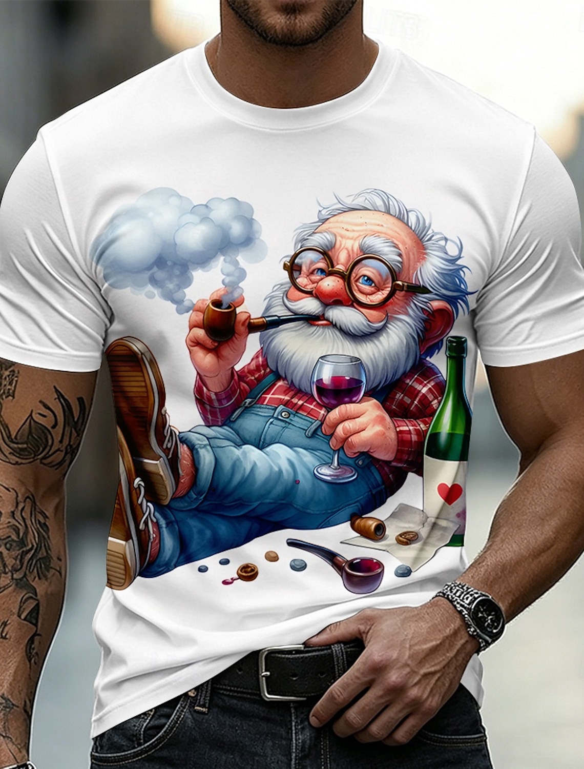 Funny 3D Graphic Cool Old Man with White Beard & Sunglasses Men's Teal T-Shirt - Quirky Grandpa Caricature Design Short Sleeve Crew Neck Summer Beach Holiday Tee - Unique Father's Day Gift Apparel
