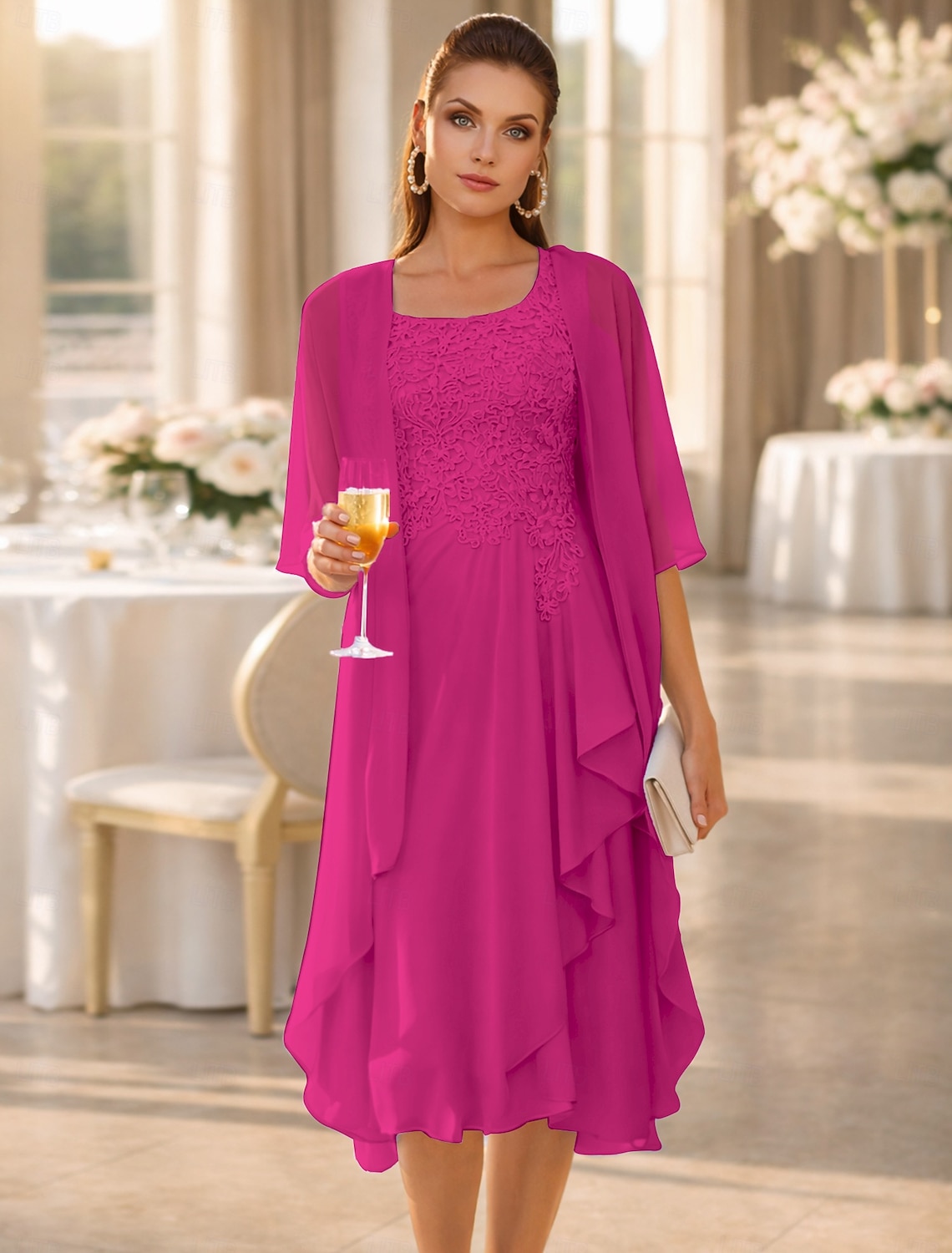Two Piece A-Line Knee Length Wedding Guest Dress Mother of the Bride Dress Sleeveless Scoop Neck Elegant Wedding Guest Wedding Party Chiffon Lace Jacket Dresses with Pleats Appliques