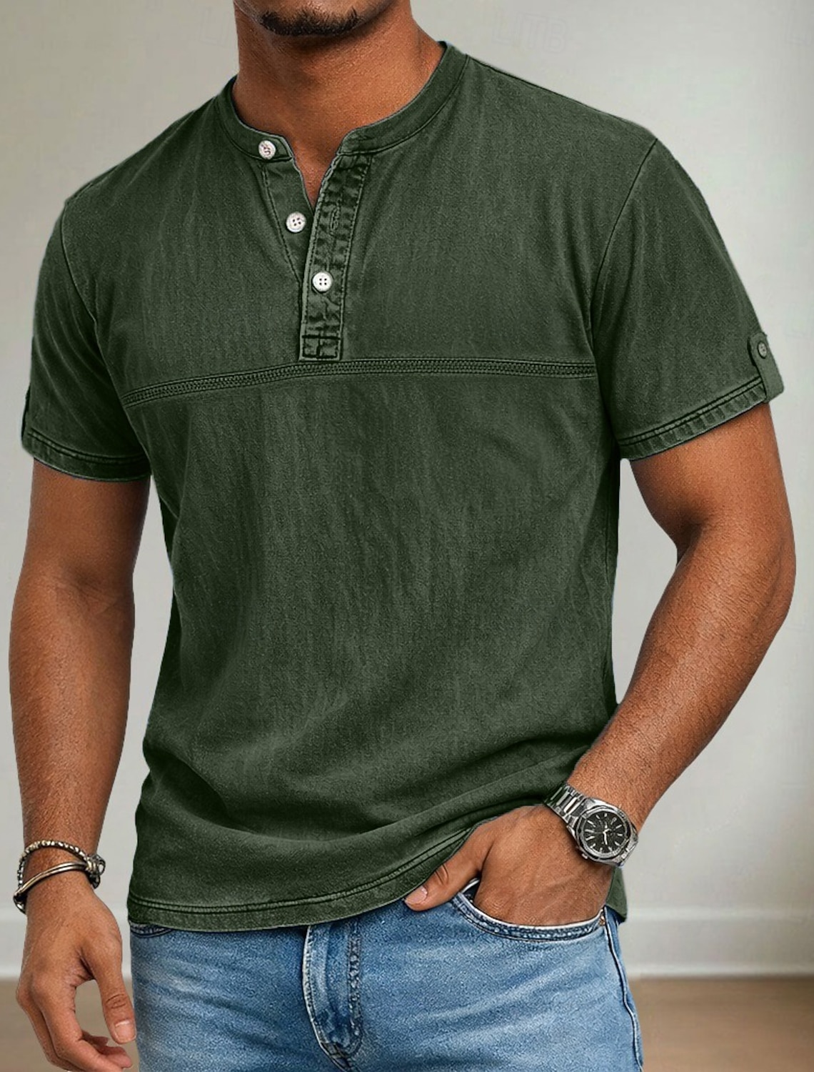 Men's Henley Shirt 100% Cotton Acid Wash Short Sleeve Summer Spring