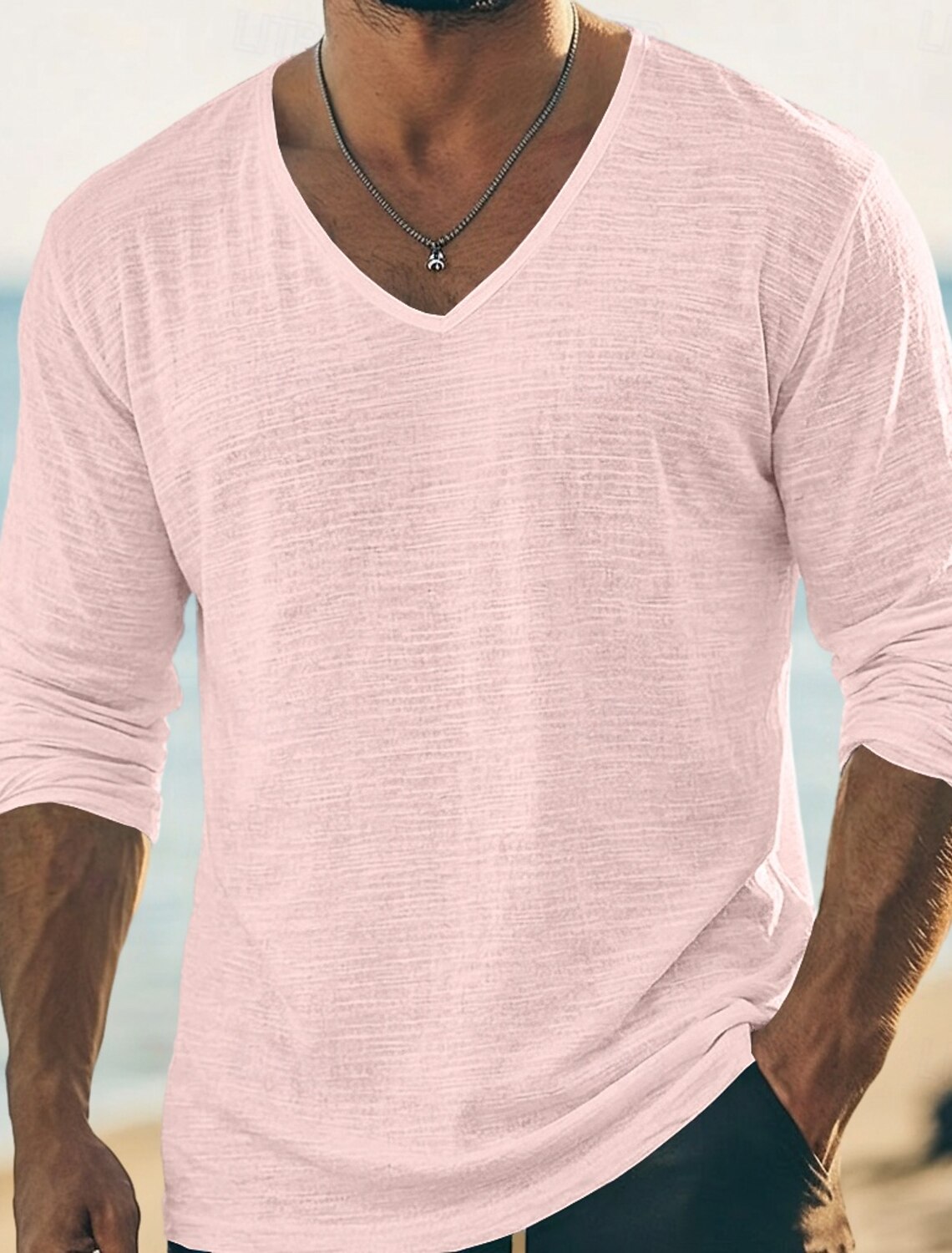 Men's Tee Top Linen T-Shirt Long Sleeve V Neck Summer Spring Solid