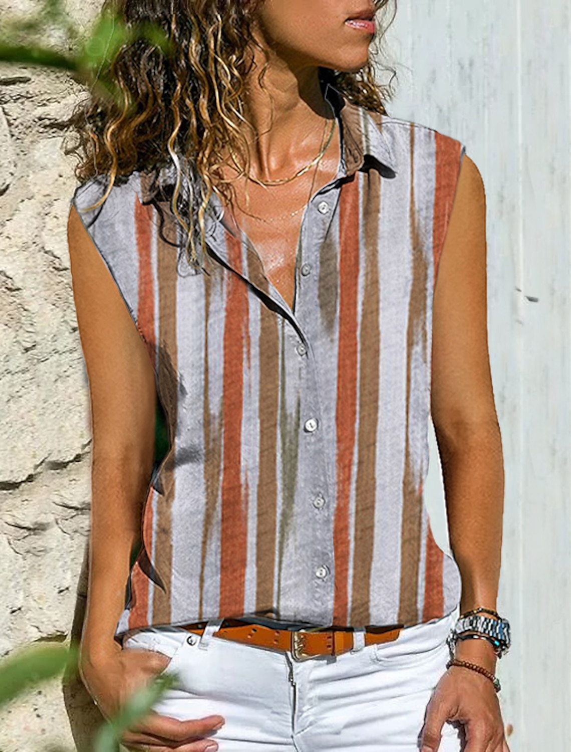 Women's Tank Top Basic Striped Print Sleeveless Regular Tops Shirt Collar Casual