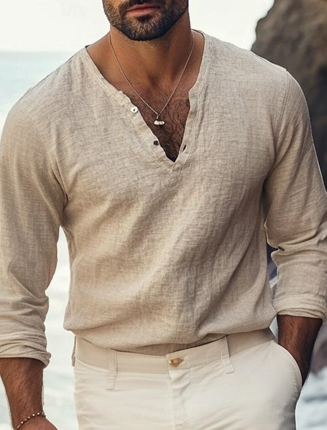 Men's Tee Top Linen-Like T-shirt Short Sleeves V Neck Summer Plain