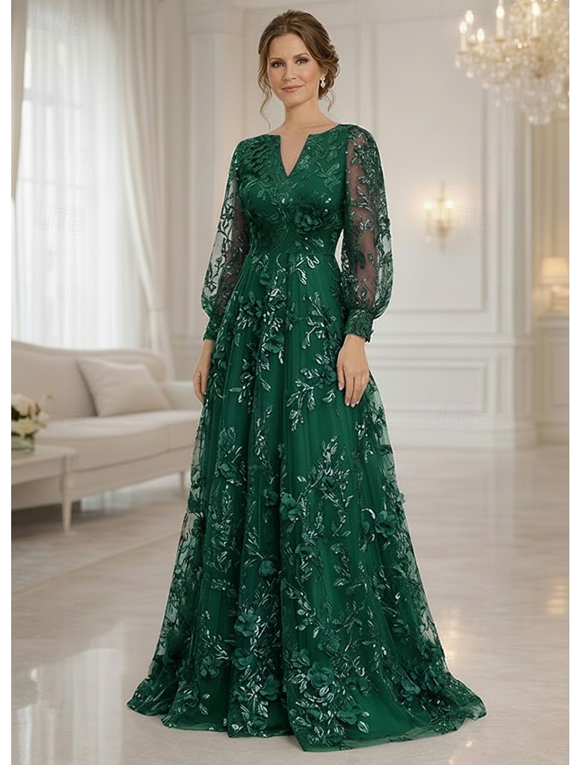 A-Line Dress Floor Length Maxi Dress Party Dress Cocktail Dress Mother of the Bride Dress Long Sleeve V Neck Elegant Vintage Luxurious Formal Wedding Guest Semi Formal Lace with 3D Flowers Embroidery