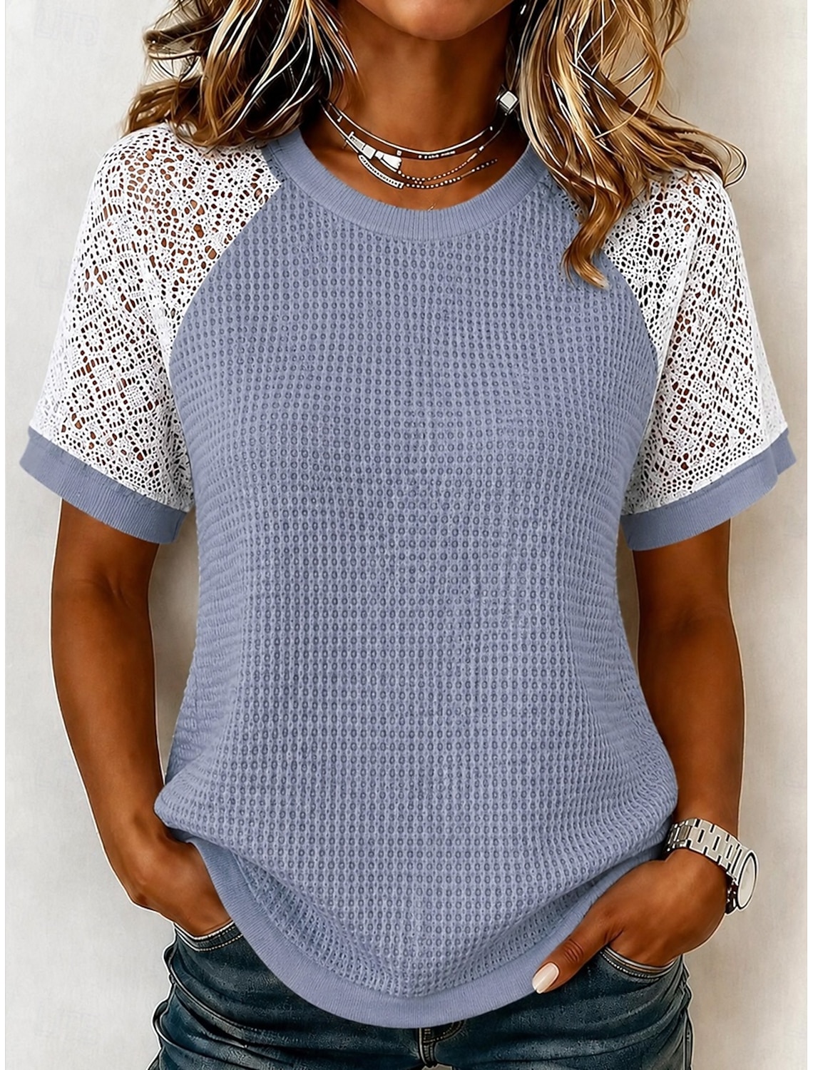 Women's Eyelet Top Lace Splicing Top Contrast Lace Lace Elegant Bohemia Stylish Short Sleeve Crew Neck Long Tops Casual Daily Going out Black White Gray Summer Spring