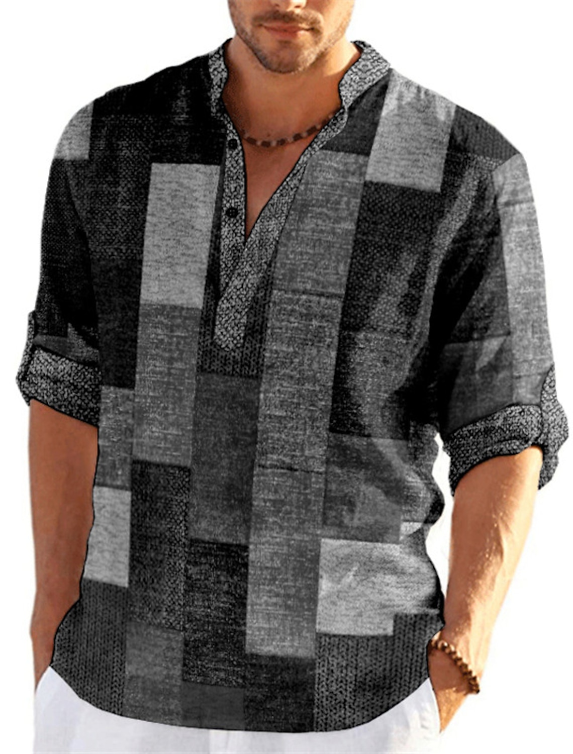 Men's Plaid / Check Patchwork Geometric Pattern Shirt Button Up Shirt Long Sleeve Fashion Streetwear Designer Casual Going out Summer Spring Fall Stand Collar Print Blue Khaki Khaki+Khaki Black White