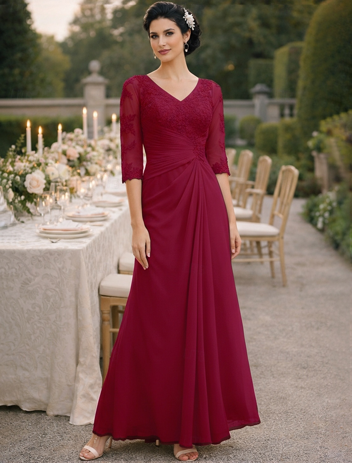 A-Line Floor Length Wedding Guest Dress Formal Dresses Evening Gown Mother of the Bride Dress Half Sleeve V Neck Elegant Plus Size See Through Wedding Guest Chiffon with Appliques Side Draping