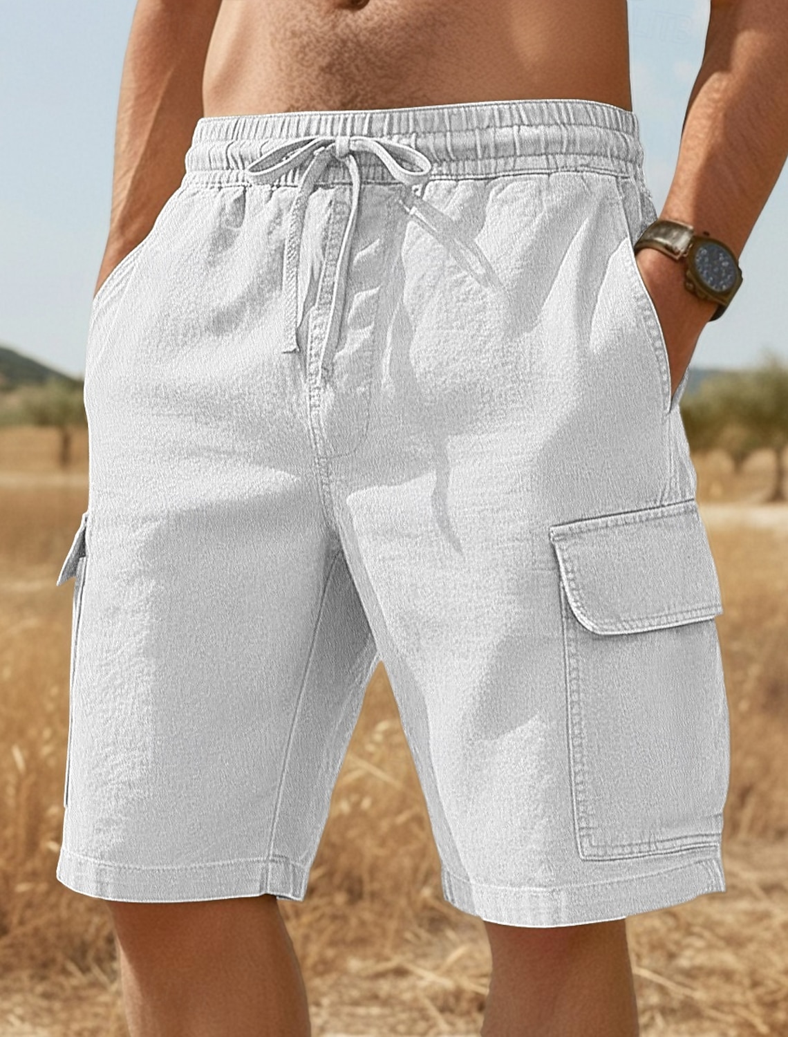 Men's Cargo Shorts Linen Summer Beach Drawstring Elastic Waist Mult #2