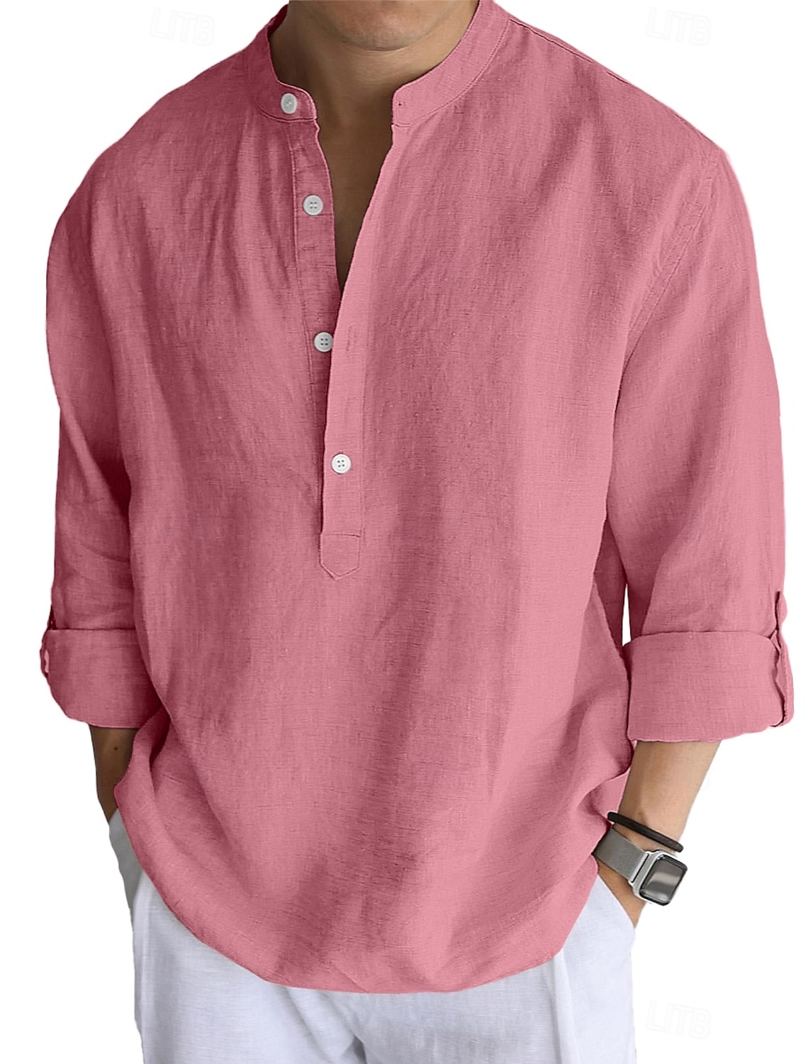 Men's Linen Shirt Popover Casual Beach Band Collar Plain Vacation